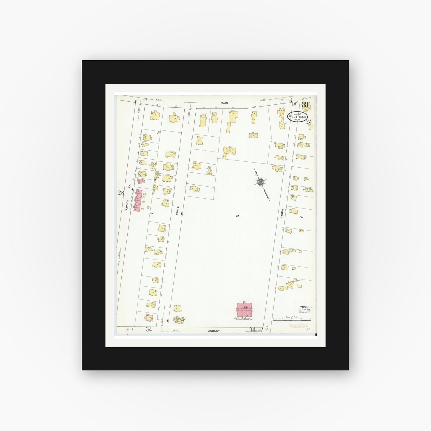 Old map wall art mockup — black gallery frame with white mat — Sanborn Fire Insurance Map from Westfield, Hampden County, Massachusetts (1910), Sheet #0031