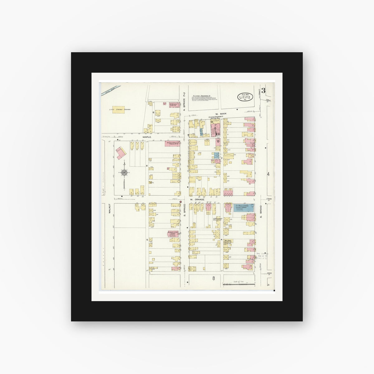 Old map wall art mockup — black gallery frame with white mat — Sanborn Fire Insurance Map from Lititz, Lancaster County, Pennsylvania (1912), Sheet #0003