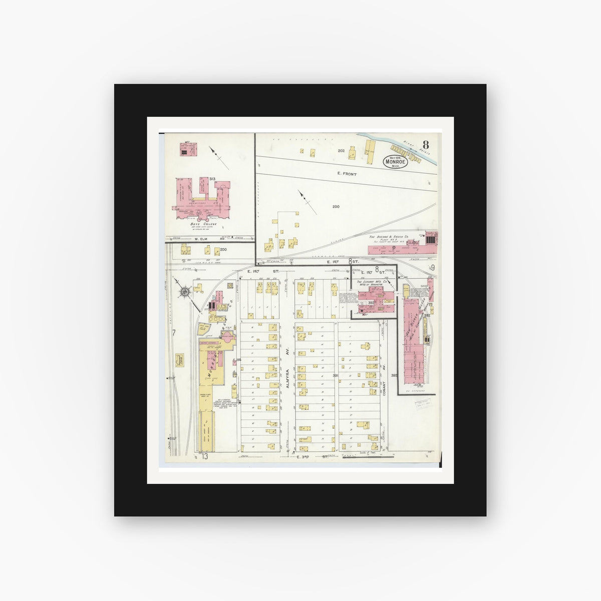 Old map wall art mockup — black gallery frame with white mat — Sanborn Fire Insurance Map from Monroe, Monroe County, Michigan (1916), Sheet #0008