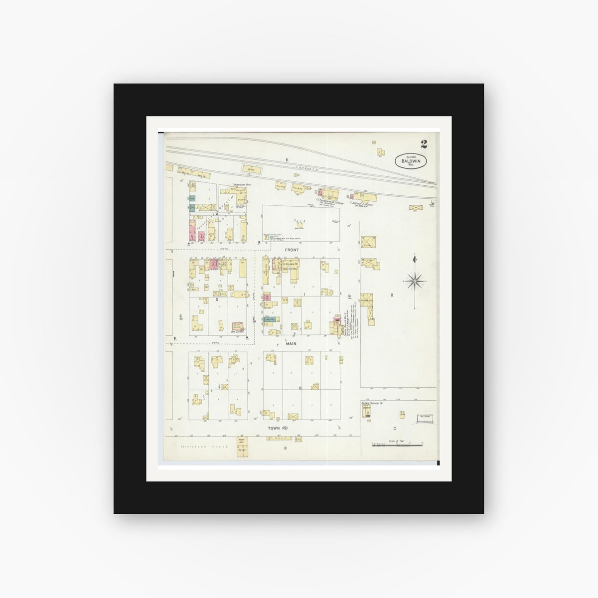 Old map wall art mockup — black gallery frame with white mat — Sanborn Fire Insurance Map from Baldwin, St. Croix County, Wisconsin (1902) - Complete Map Set