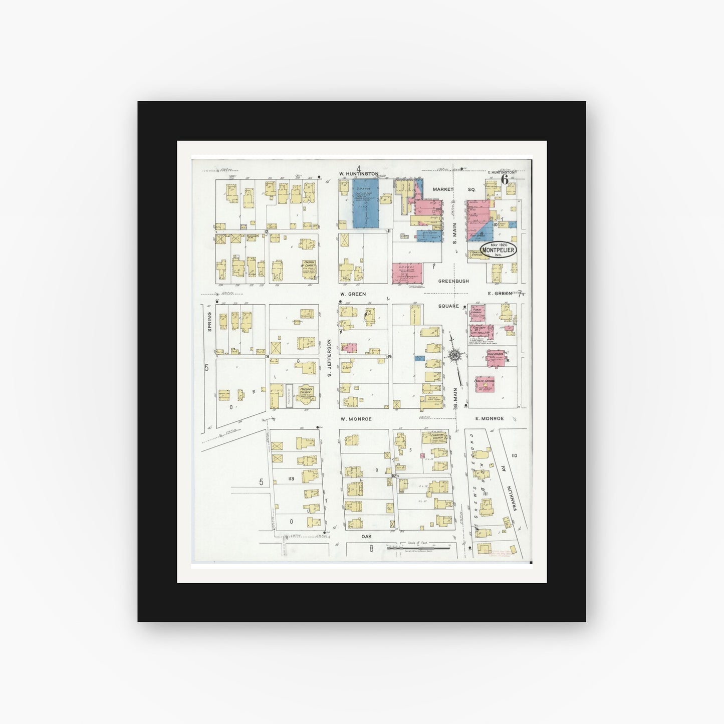 Old map wall art mockup — black gallery frame with white mat — Sanborn Fire Insurance Map from Montpelier, Blackford County, Indiana (1920), Sheet #0006