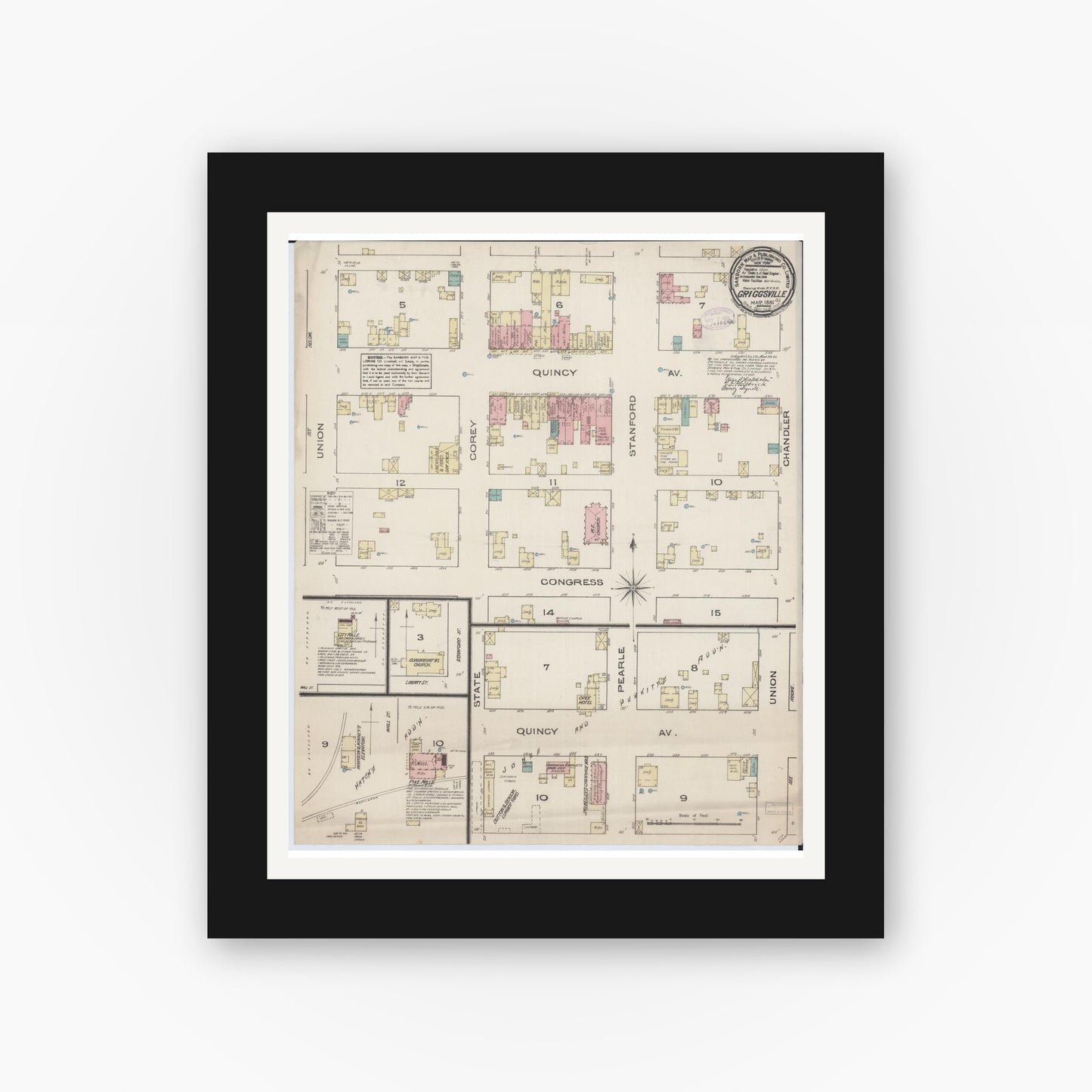 Old map wall art mockup — black gallery frame with white mat — Sanborn Fire Insurance Map from Griggsville, Pike County, Illinois (1885), Sheet #0001