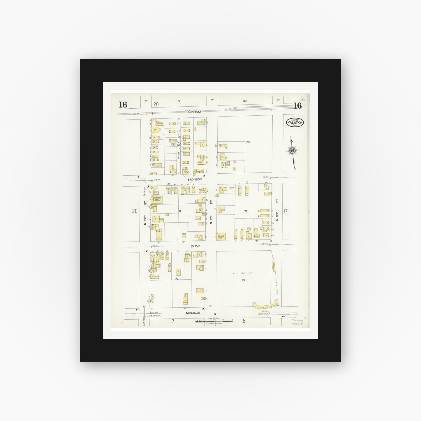 Old map wall art mockup — black gallery frame with white mat — Sanborn Fire Insurance Map from Palatka, Putnam County, Florida (1924), Sheet #0016