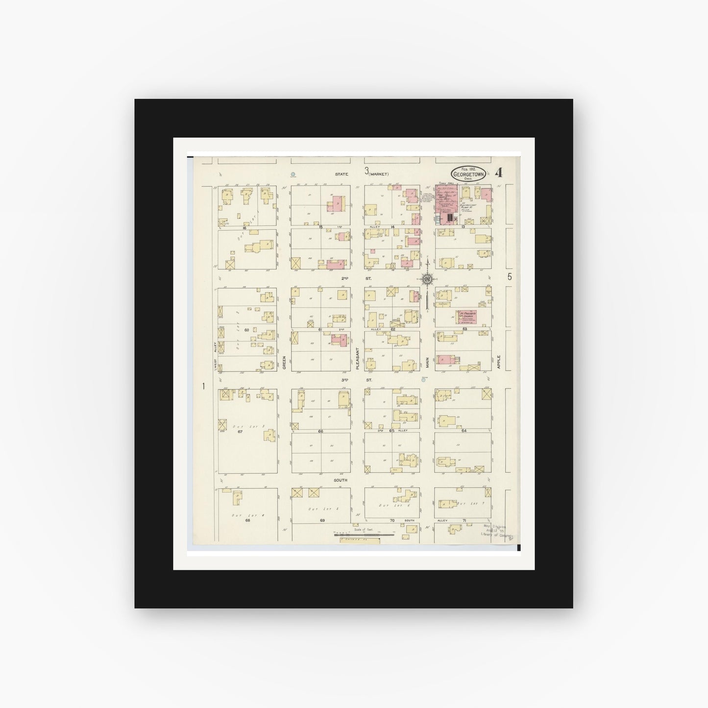 Old map wall art mockup — black gallery frame with white mat — Sanborn Fire Insurance Map from Georgetown, Brown County, Ohio (1912), Sheet #0004