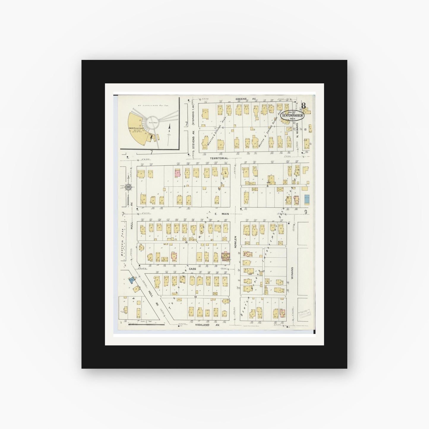 Old map wall art mockup — black gallery frame with white mat — Sanborn Fire Insurance Map from Benton Harbor, Berrien County, Michigan (1917), Sheet #0008