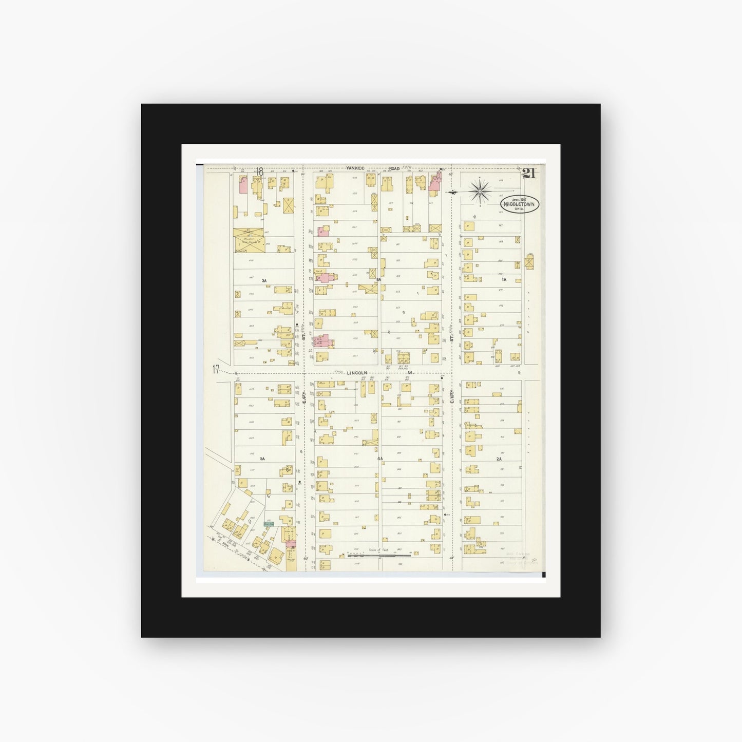 Old map wall art mockup — black gallery frame with white mat — Sanborn Fire Insurance Map from Middletown, Butler County, Ohio (1907), Sheet #0021