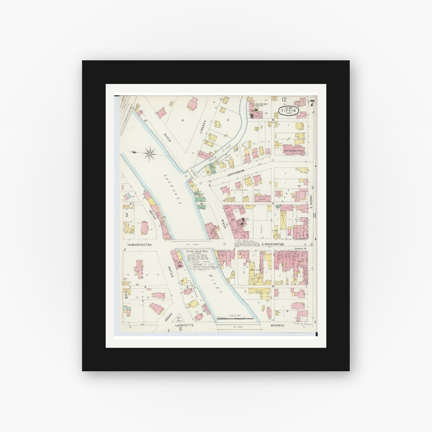 Old map wall art mockup — black gallery frame with white mat — Sanborn Fire Insurance Map from Tiffin, Seneca County, Ohio (1896), Sheet #0007