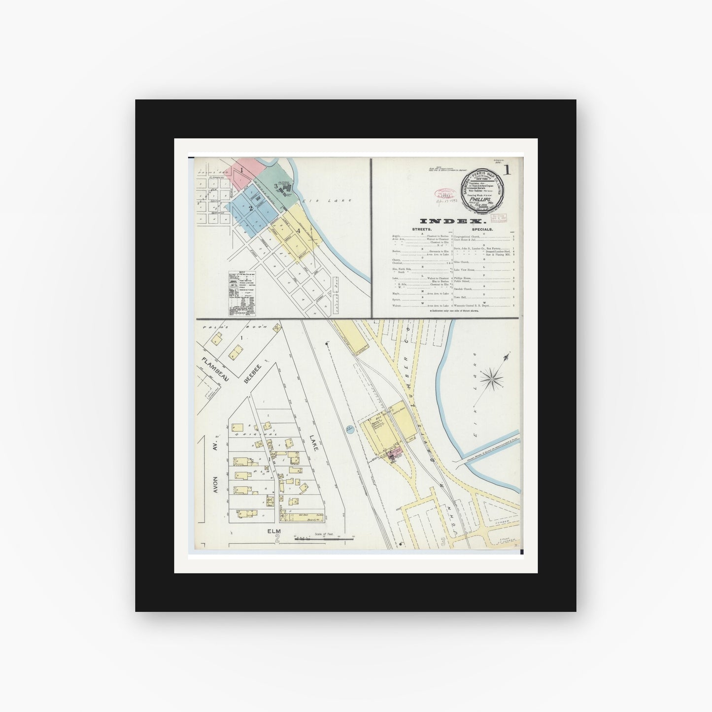 Old map wall art mockup — black gallery frame with white mat — Sanborn Fire Insurance Map from Phillips, Price County, Wisconsin (1893) - Complete Map Set