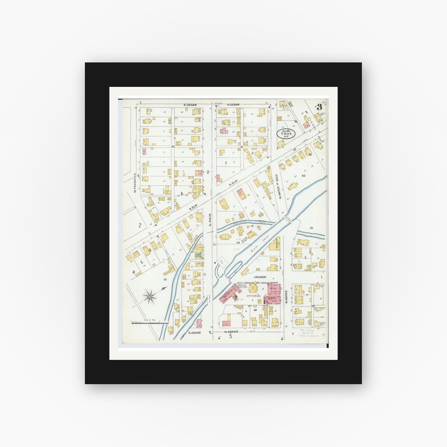 Old map wall art mockup — black gallery frame with white mat — Sanborn Fire Insurance Map from Troy, Miami County, Ohio (1905), Sheet #0003
