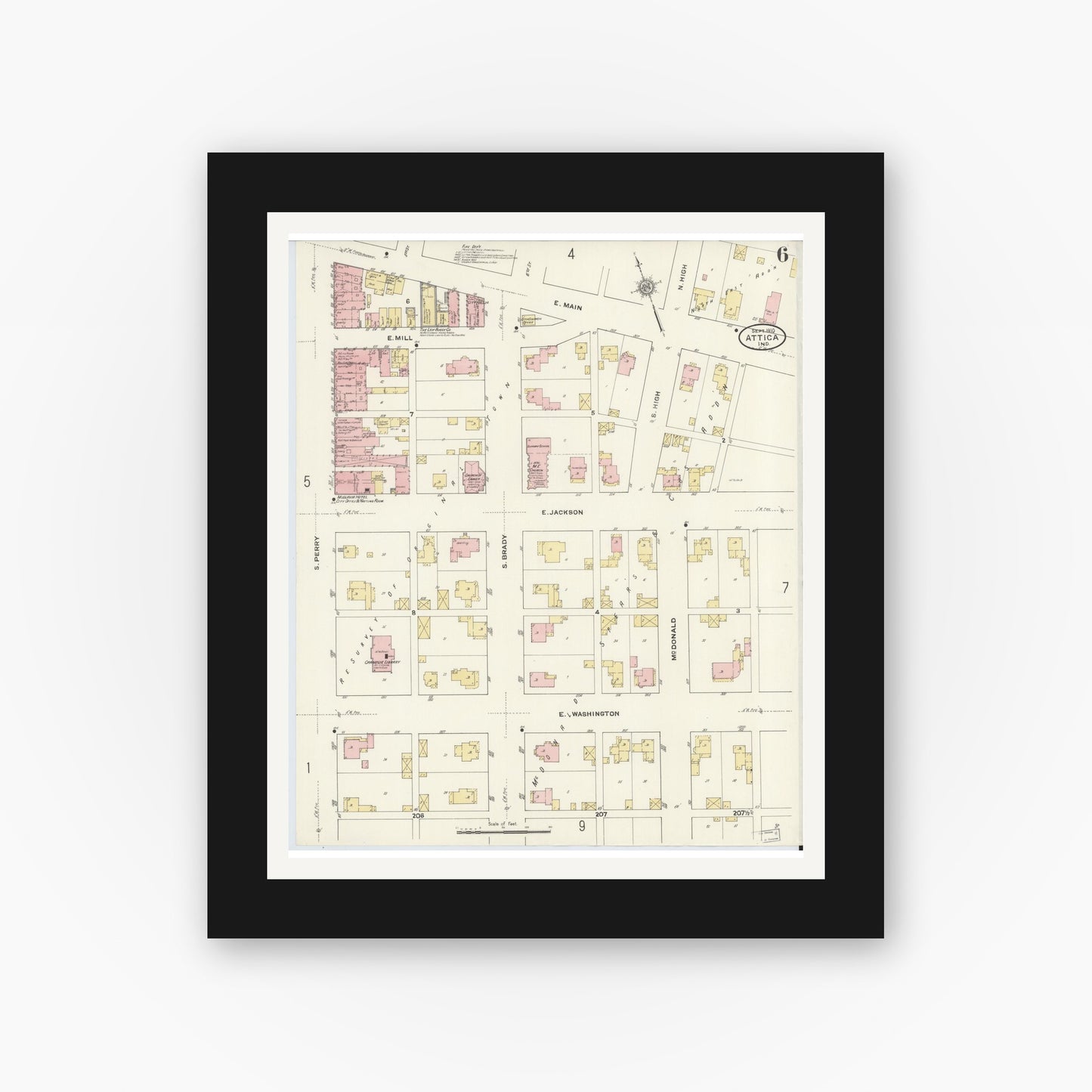 Old map wall art mockup — black gallery frame with white mat — Sanborn Fire Insurance Map from Attica, Fountain County, Indiana (1910), Sheet #0006