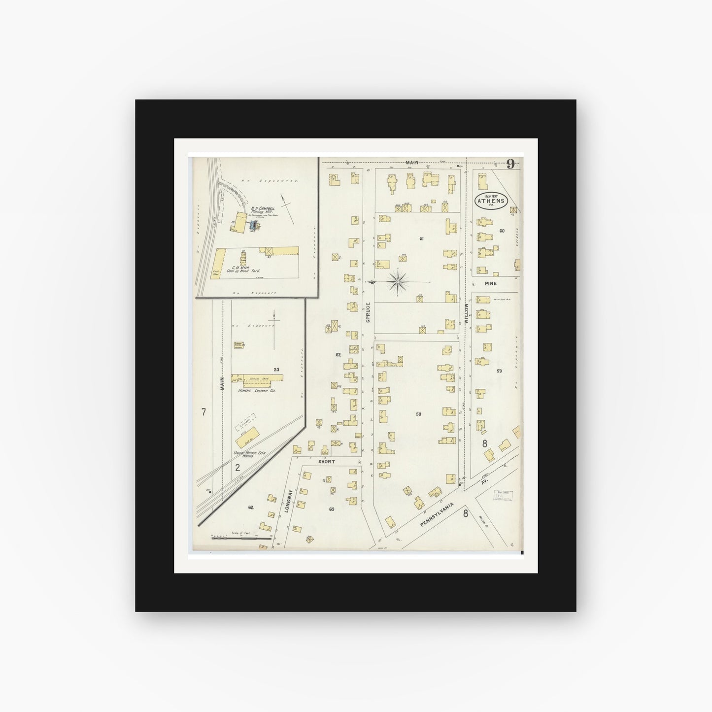 Old map wall art mockup — black gallery frame with white mat — Sanborn Fire Insurance Map from Athens, Bradford County, Pennsylvania (1897), Sheet #0009