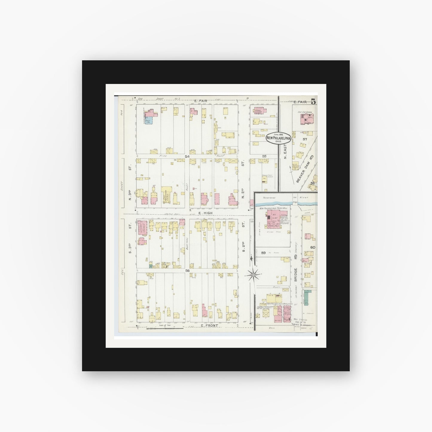 Old map wall art mockup — black gallery frame with white mat — Sanborn Fire Insurance Map from New Philadelphia, Tuscarawas County, Ohio (1892), Sheet #0005
