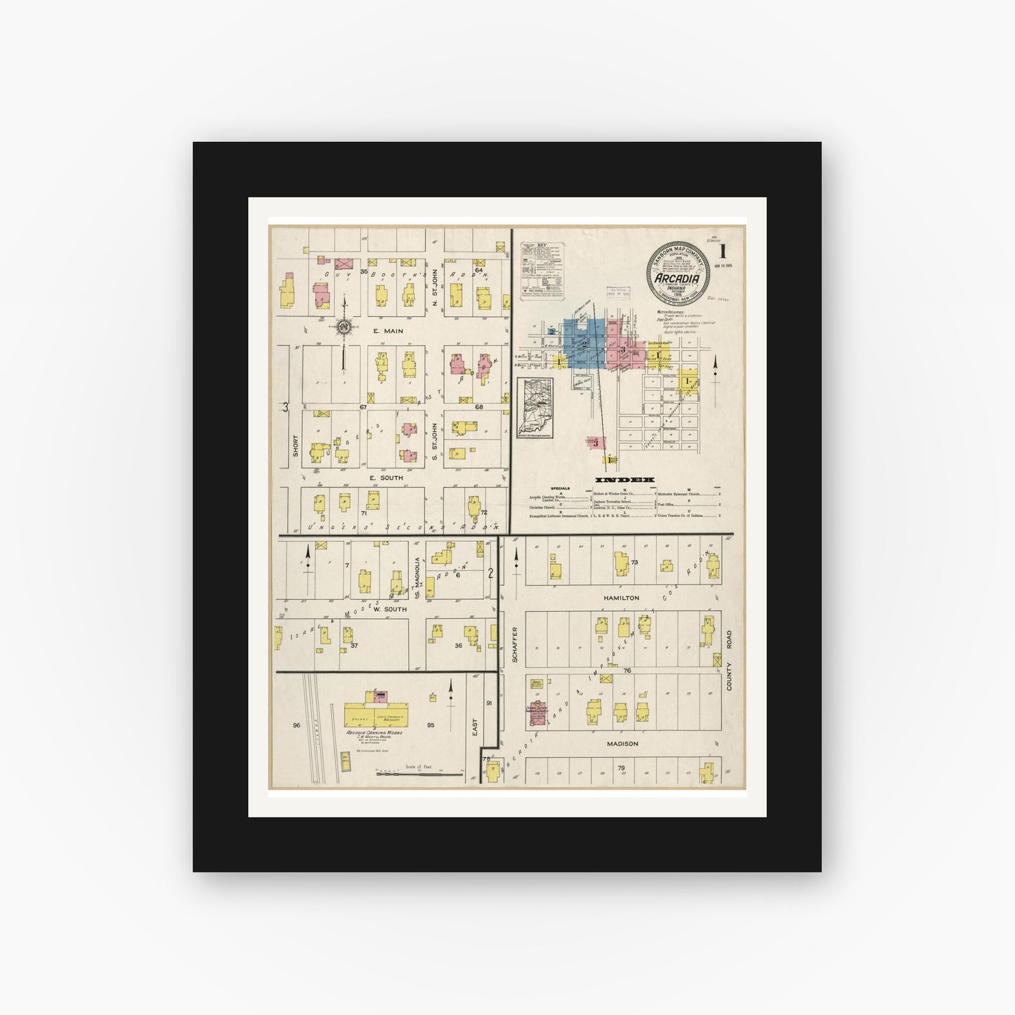 Old map wall art mockup — black gallery frame with white mat — Sanborn Fire Insurance Map from Arcadia, Hamilton County, Indiana (1915), Sheet #0001