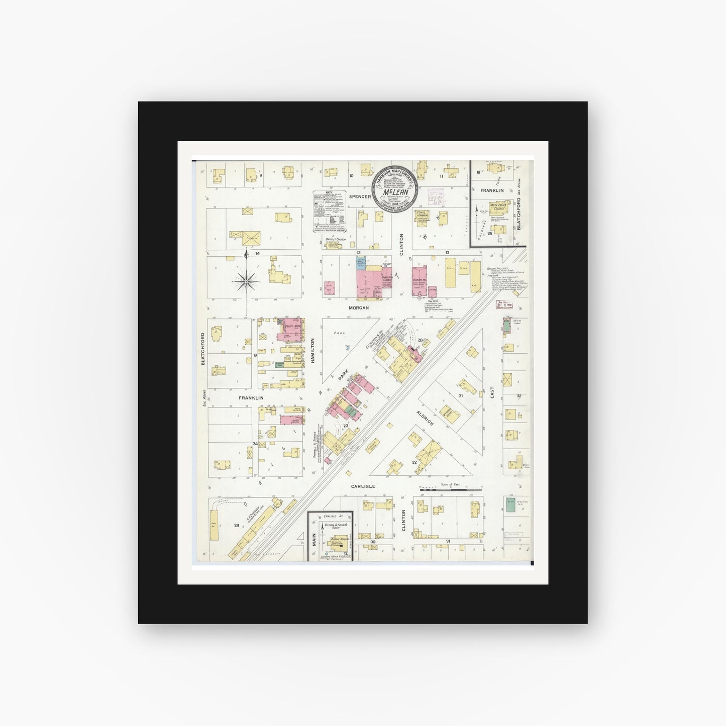 Old map wall art mockup — black gallery frame with white mat — Sanborn Fire Insurance Map from Mclean, McLean County, Illinois (1908), Sheet #0001