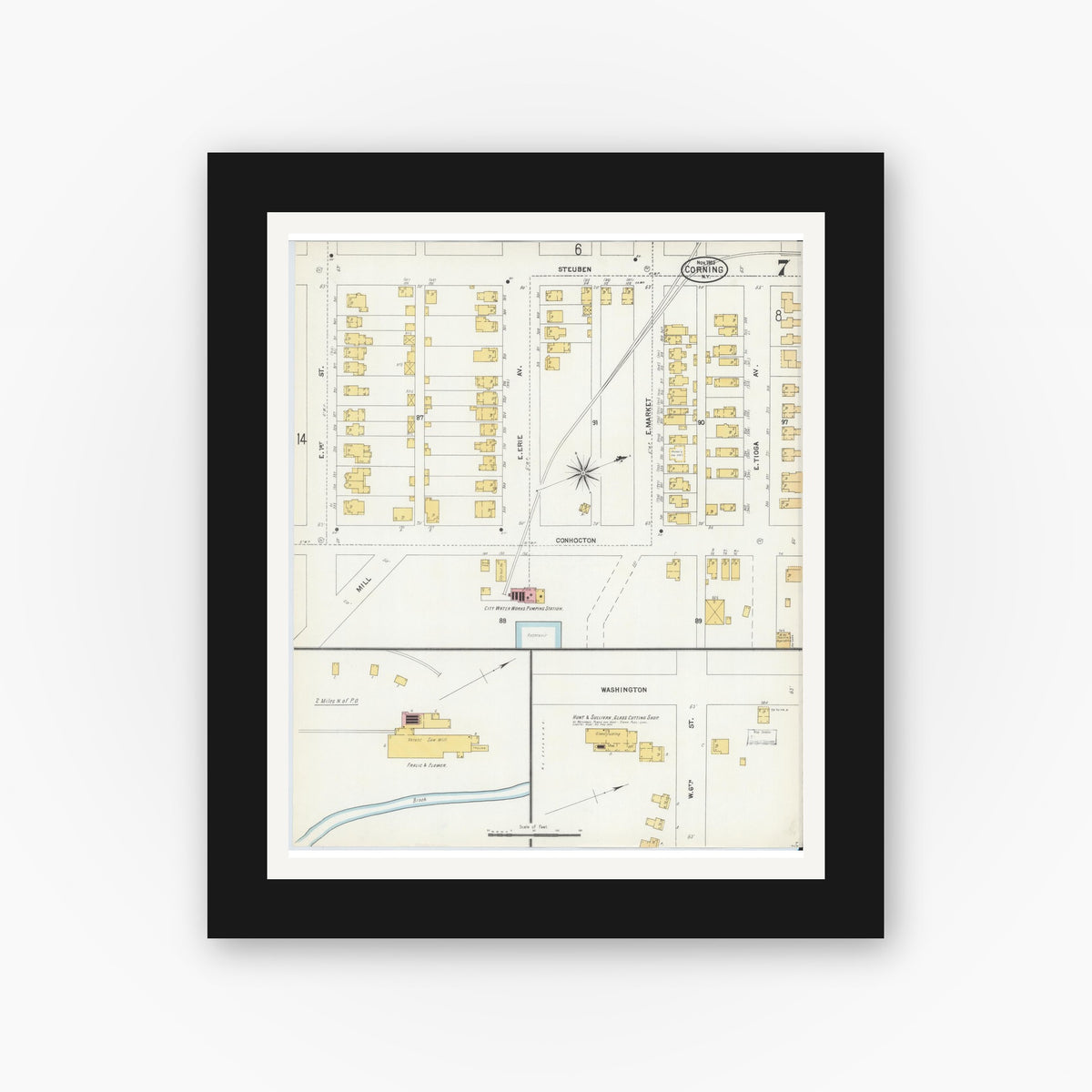 Old map wall art mockup — black gallery frame with white mat — Sanborn Fire Insurance Map from Corning, Steuben County, New York (1903), Sheet #0007