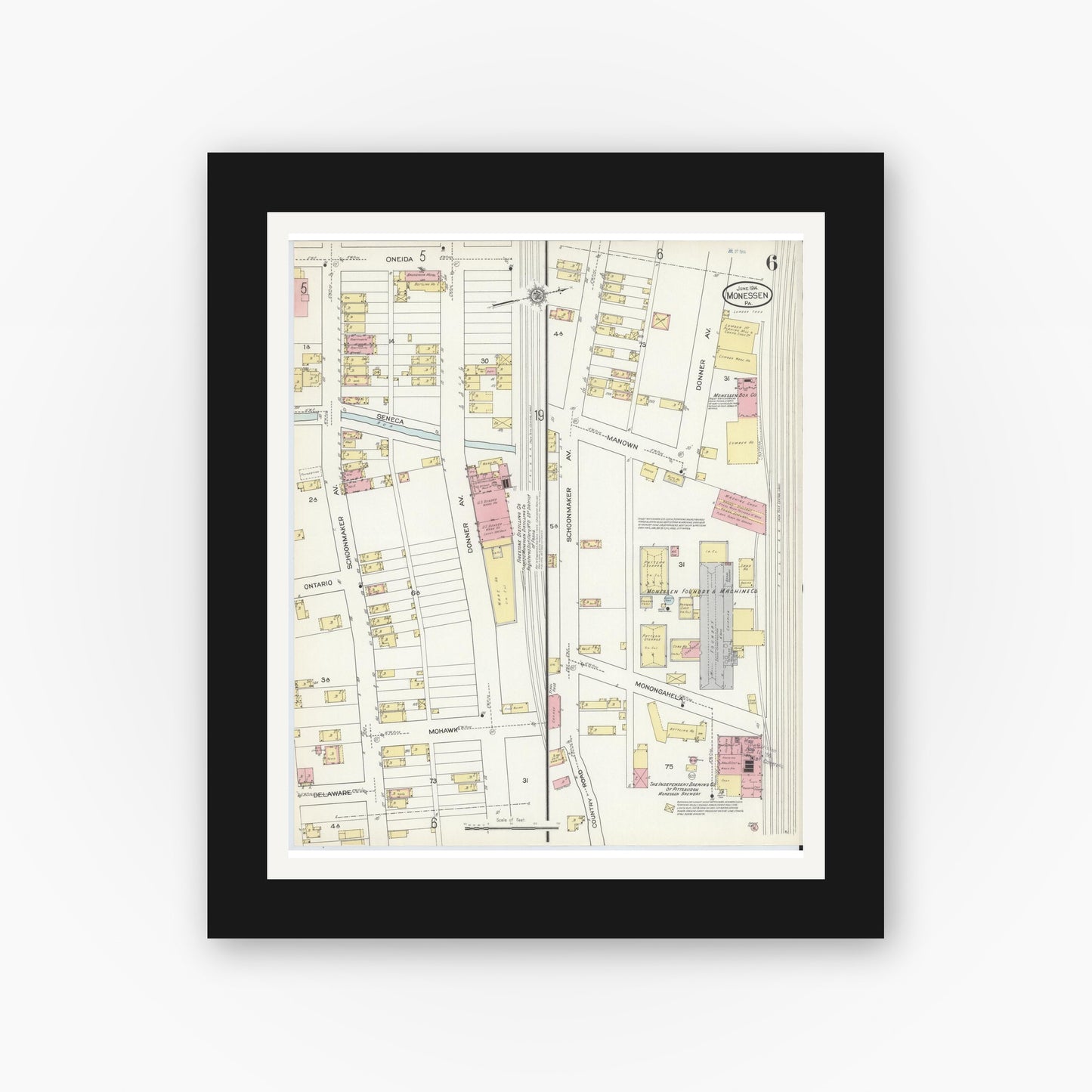 Old map wall art mockup — black gallery frame with white mat — Sanborn Fire Insurance Map from Monessen, Westmoreland County, Pennsylvania (1914), Sheet #0006