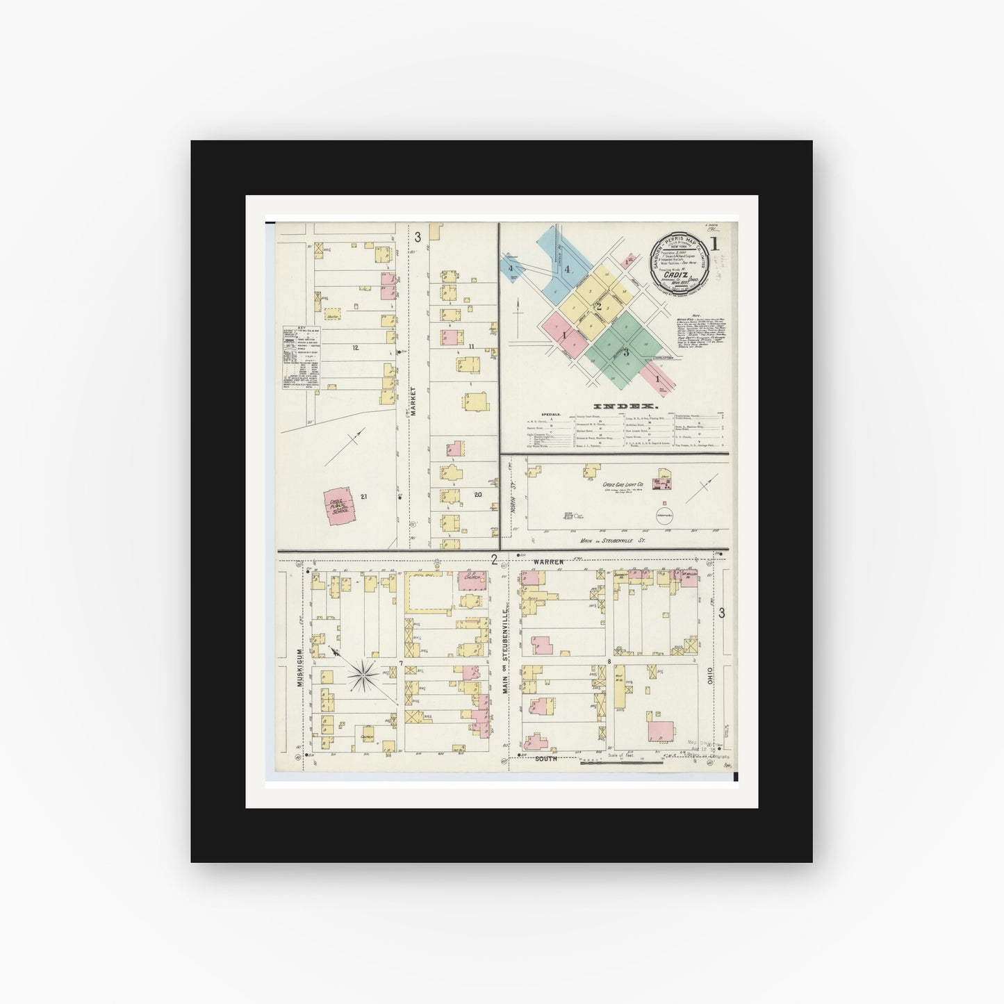 Old map wall art mockup — black gallery frame with white mat — Sanborn Fire Insurance Map from Cadiz, Harrison County, Ohio (1897), Sheet #0001