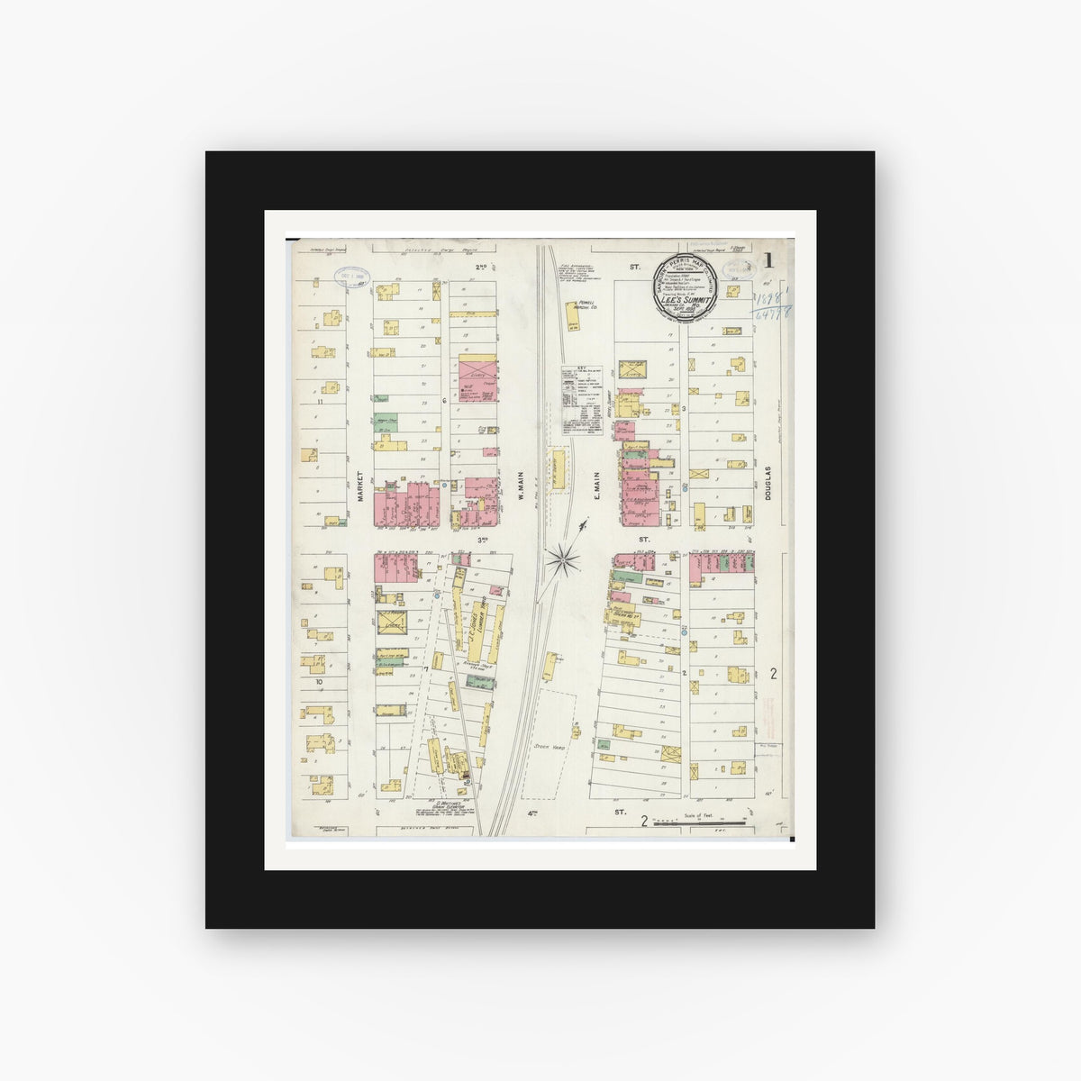 Old map wall art mockup — black gallery frame with white mat — Sanborn Fire Insurance Map from Lee's Summit, Jackson County, Missouri (1898) - Complete Map Set