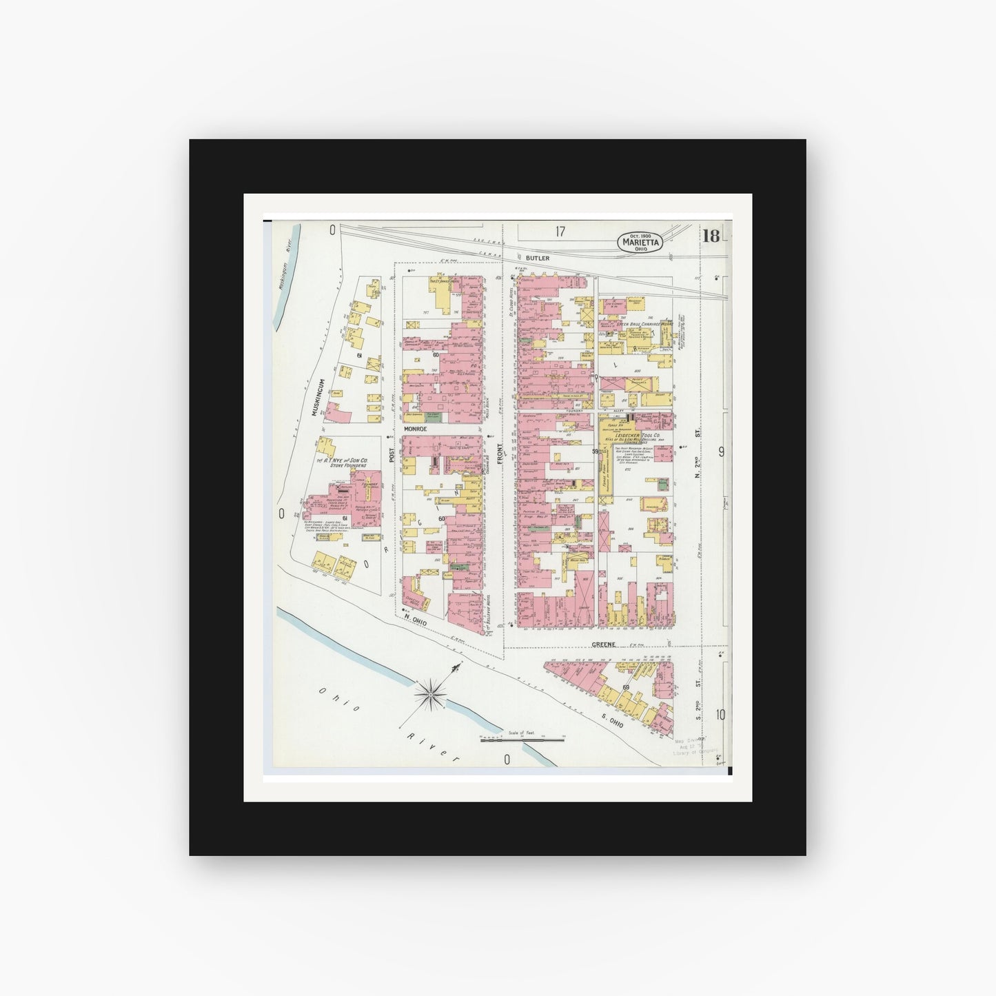 Old map wall art mockup — black gallery frame with white mat — Sanborn Fire Insurance Map from Marietta, Washington County, Ohio (1900), Sheet #0018
