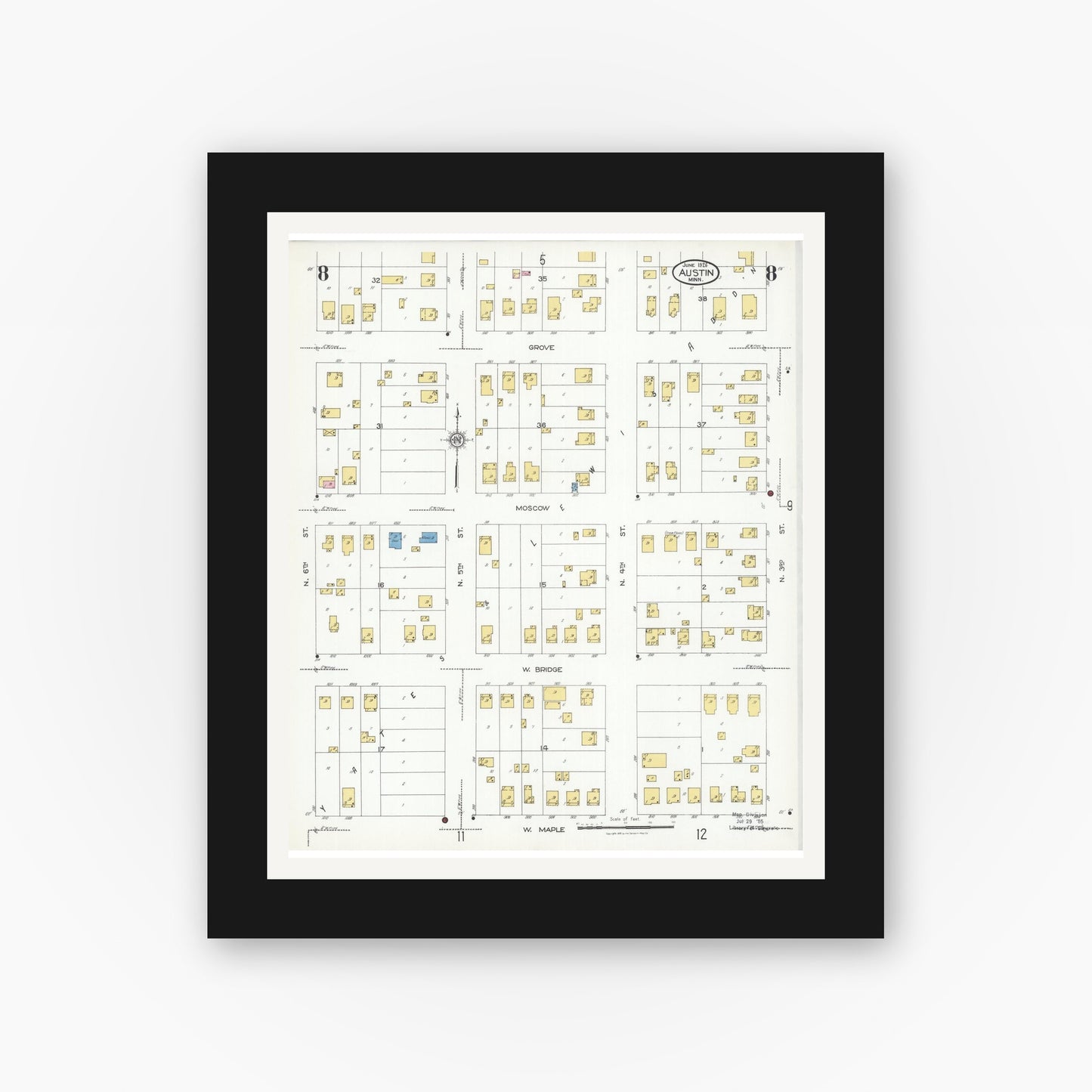 Old map wall art mockup — black gallery frame with white mat — Sanborn Fire Insurance Map from Austin, Mower County, Minnesota (1926), Sheet #0008