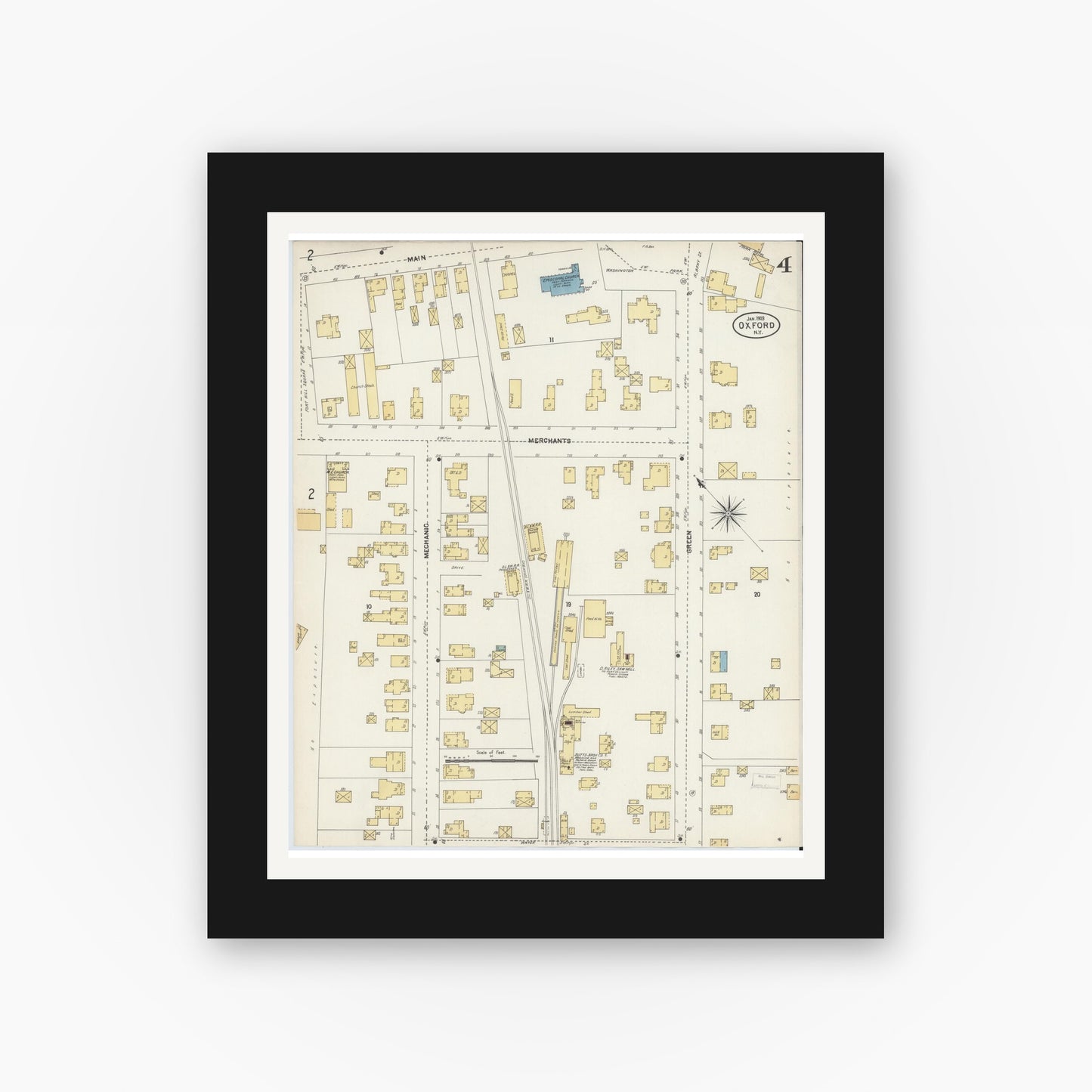 Old map wall art mockup — black gallery frame with white mat — Sanborn Fire Insurance Map from Oxford, Chenango County, New York (1903), Sheet #0004