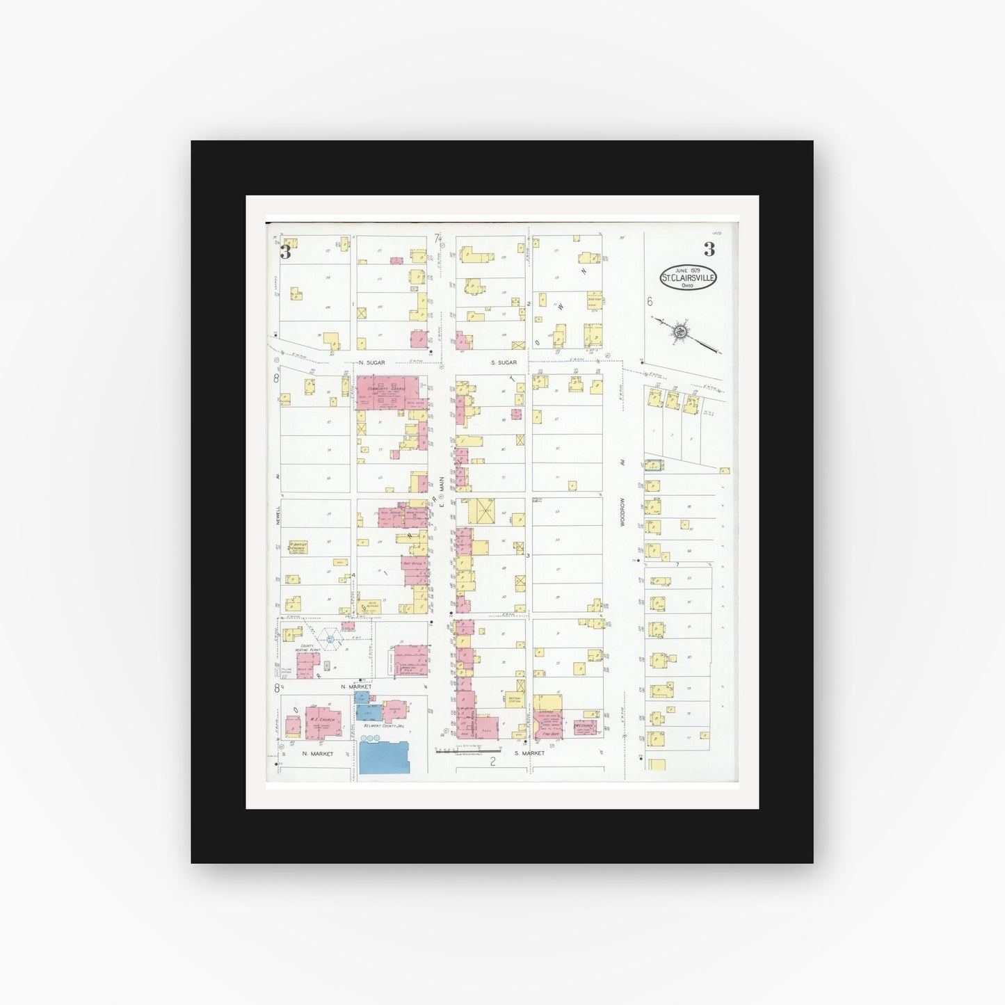 Old map wall art mockup — black gallery frame with white mat — Sanborn Fire Insurance Map from Saint Clairsville, Belmont County, Ohio (1929), Sheet #0003