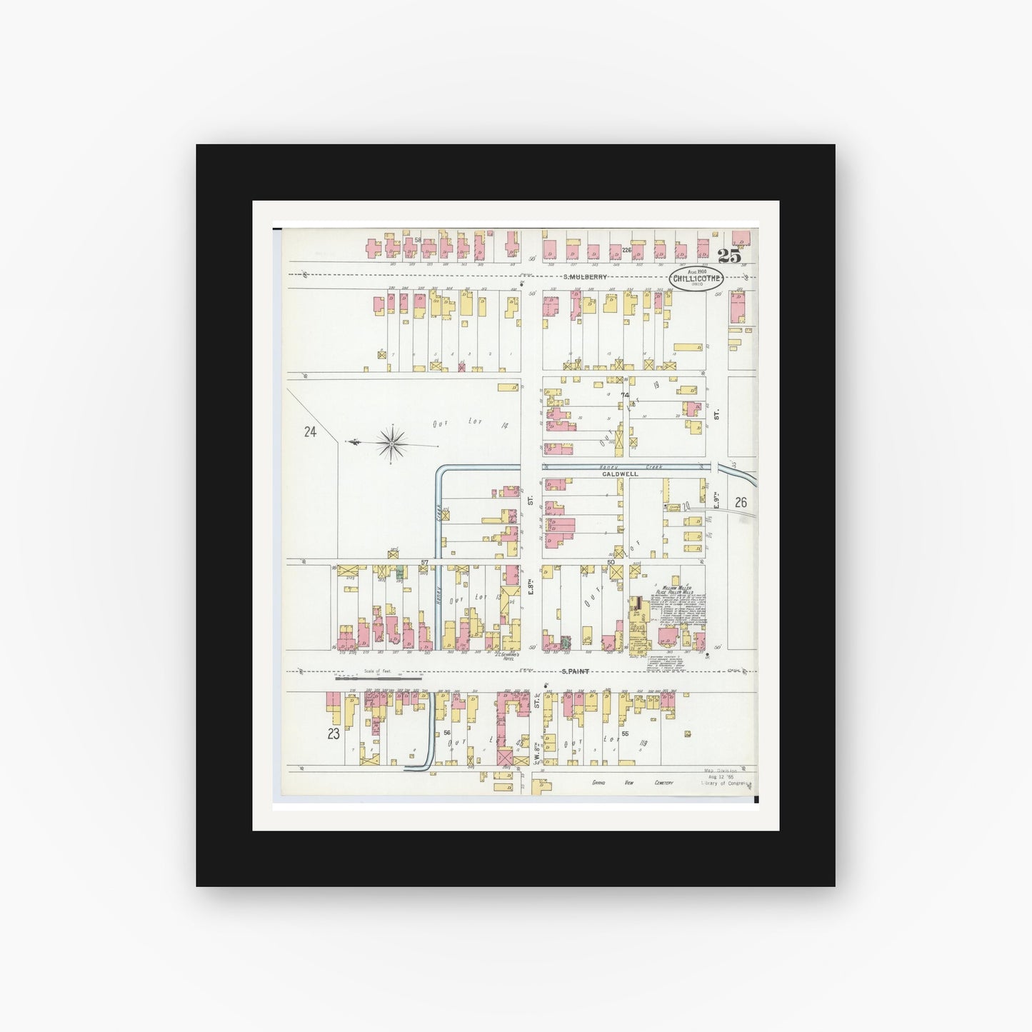 Old map wall art mockup — black gallery frame with white mat — Sanborn Fire Insurance Map from Chillicothe, Ross County, Ohio (1900), Sheet #0025