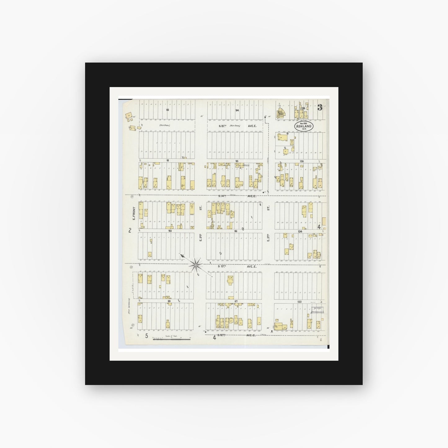 Old map wall art mockup — black gallery frame with white mat — Sanborn Fire Insurance Map from Ashland, Ashland County, Wisconsin (1901), Sheet #0003