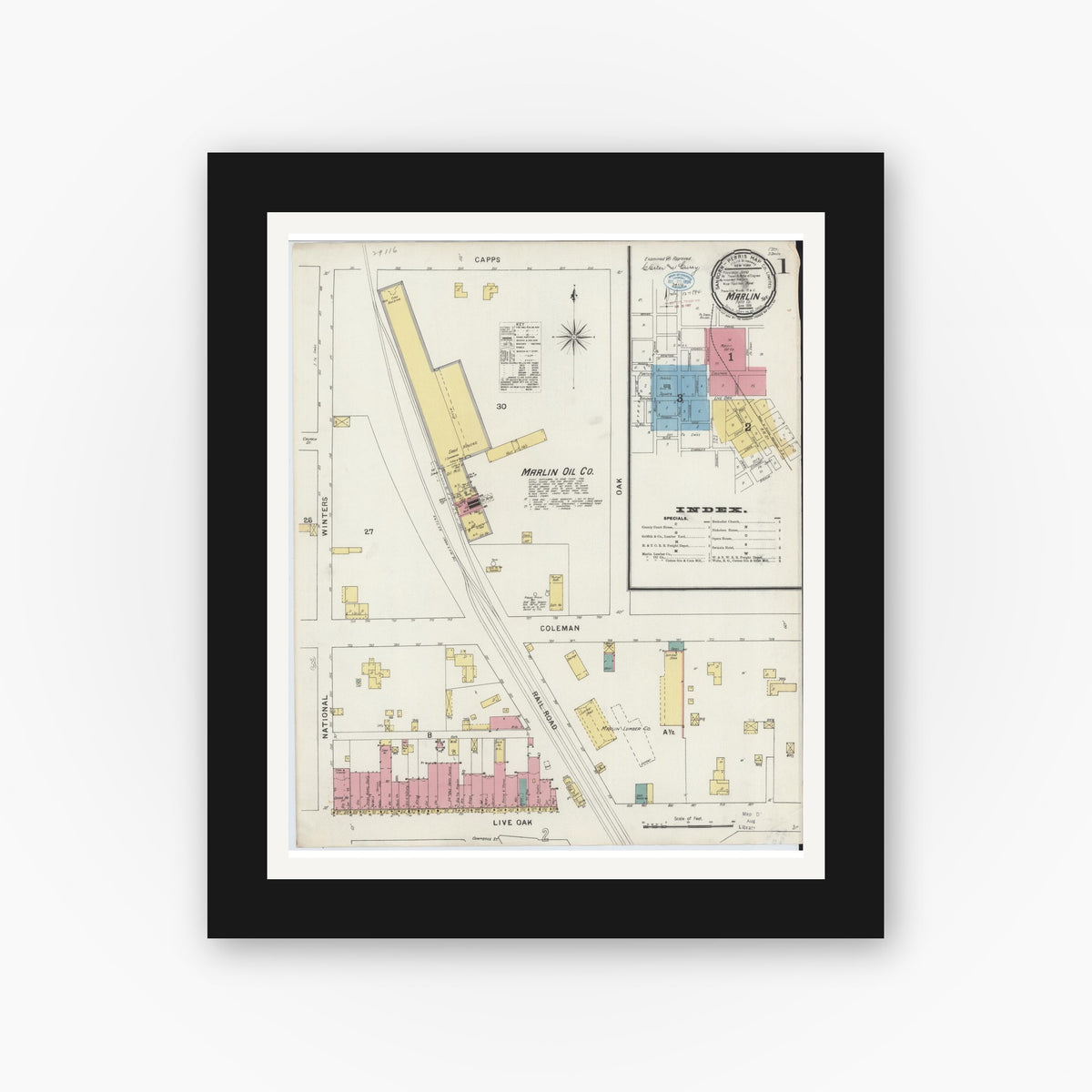 Old map wall art mockup — black gallery frame with white mat — Sanborn Fire Insurance Map from Marlin, Falls County, Texas (1894), Sheet #0001