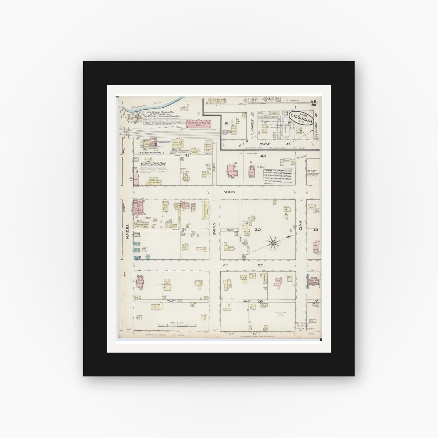 Old map wall art mockup — black gallery frame with white mat — Sanborn Fire Insurance Map from Le Sueur, Le Sueur County, Minnesota (1885), Sheet #0002