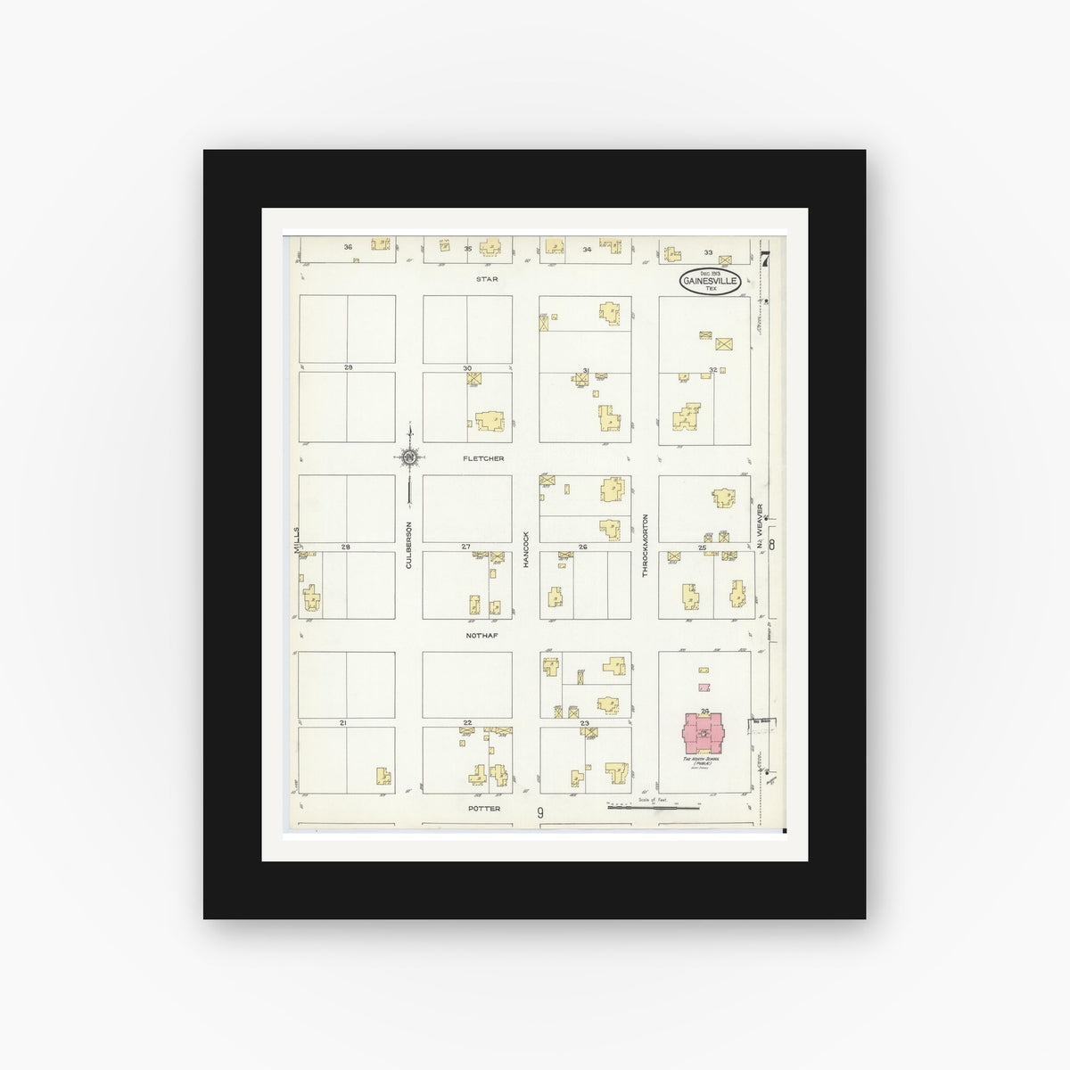 Old map wall art mockup — black gallery frame with white mat — Sanborn Fire Insurance Map from Gainesville, Cooke County, Texas (1913), Sheet #0007