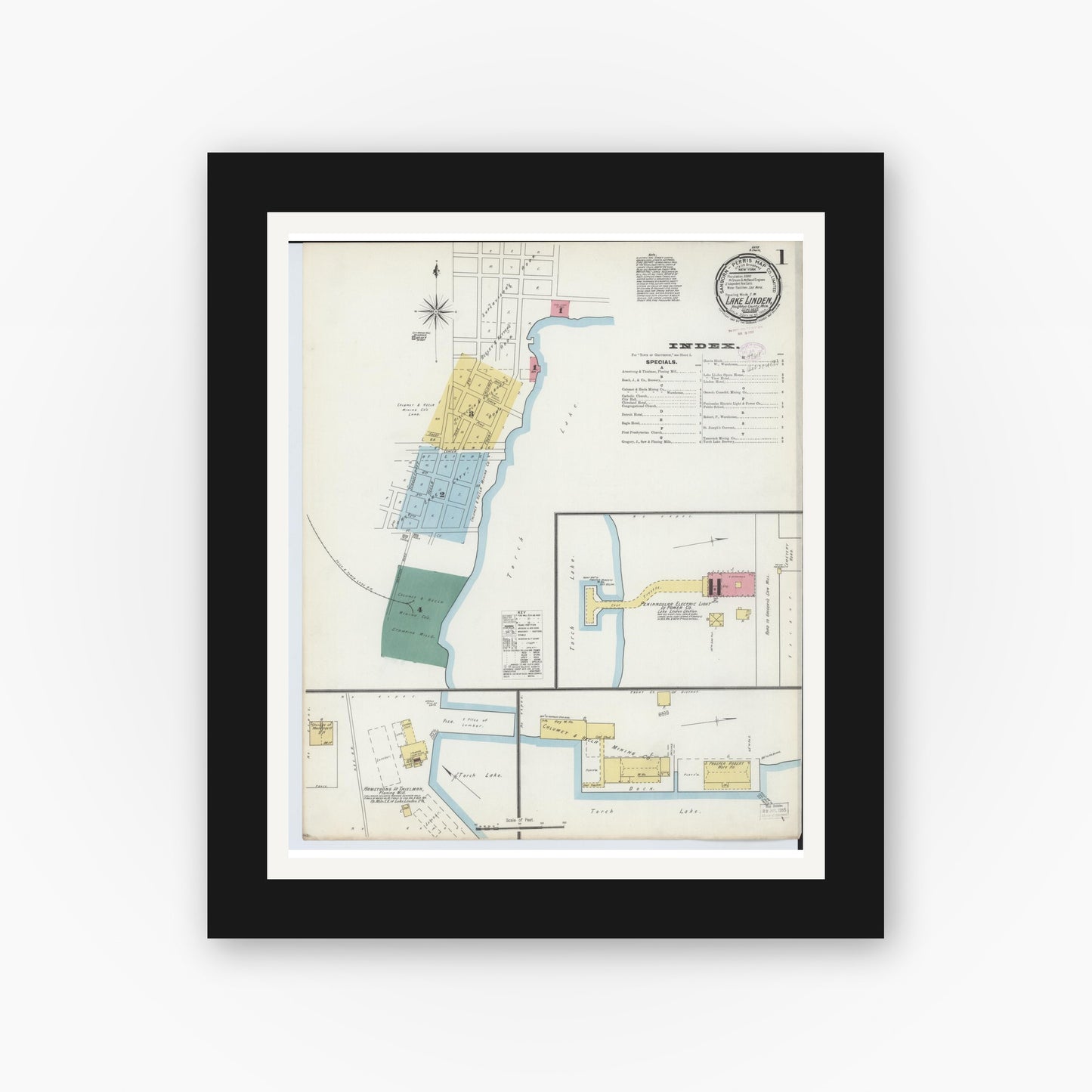 Old map wall art mockup — black gallery frame with white mat — Sanborn Fire Insurance Map from Lake Linden, Houghton County, Michigan (1893) - Complete Map Set