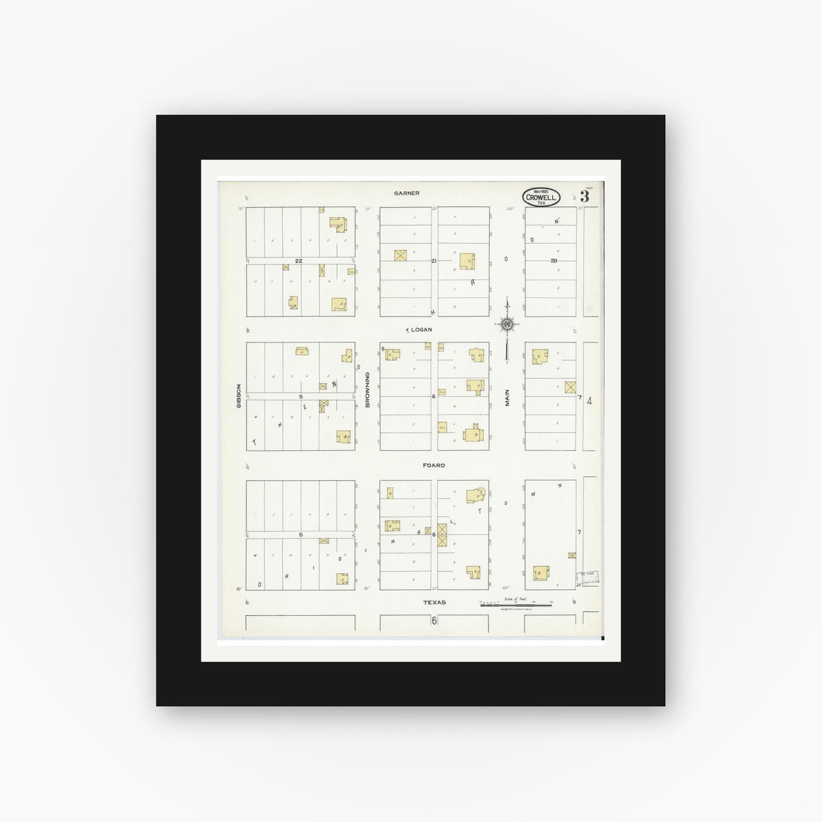 Old map wall art mockup — black gallery frame with white mat — Sanborn Fire Insurance Map from Crowell, Foard County, Texas (1921), Sheet #0003