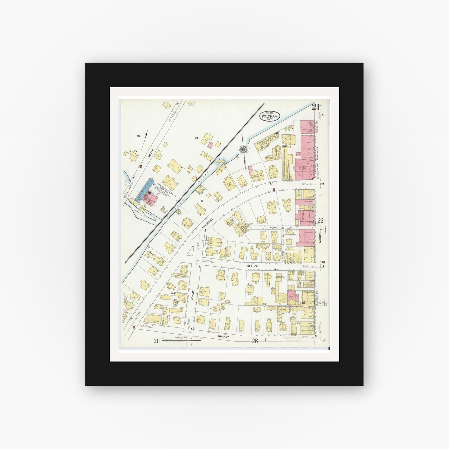 Old map wall art mockup — black gallery frame with white mat — Sanborn Fire Insurance Map from Waltham, Middlesex County, Massachusetts (1911), Sheet #0021