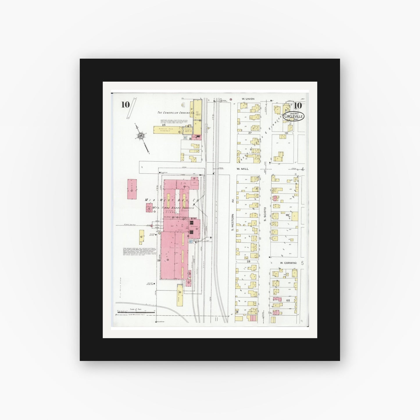 Old map wall art mockup — black gallery frame with white mat — Sanborn Fire Insurance Map from Circleville, Pickaway County, Ohio (1927), Sheet #0010