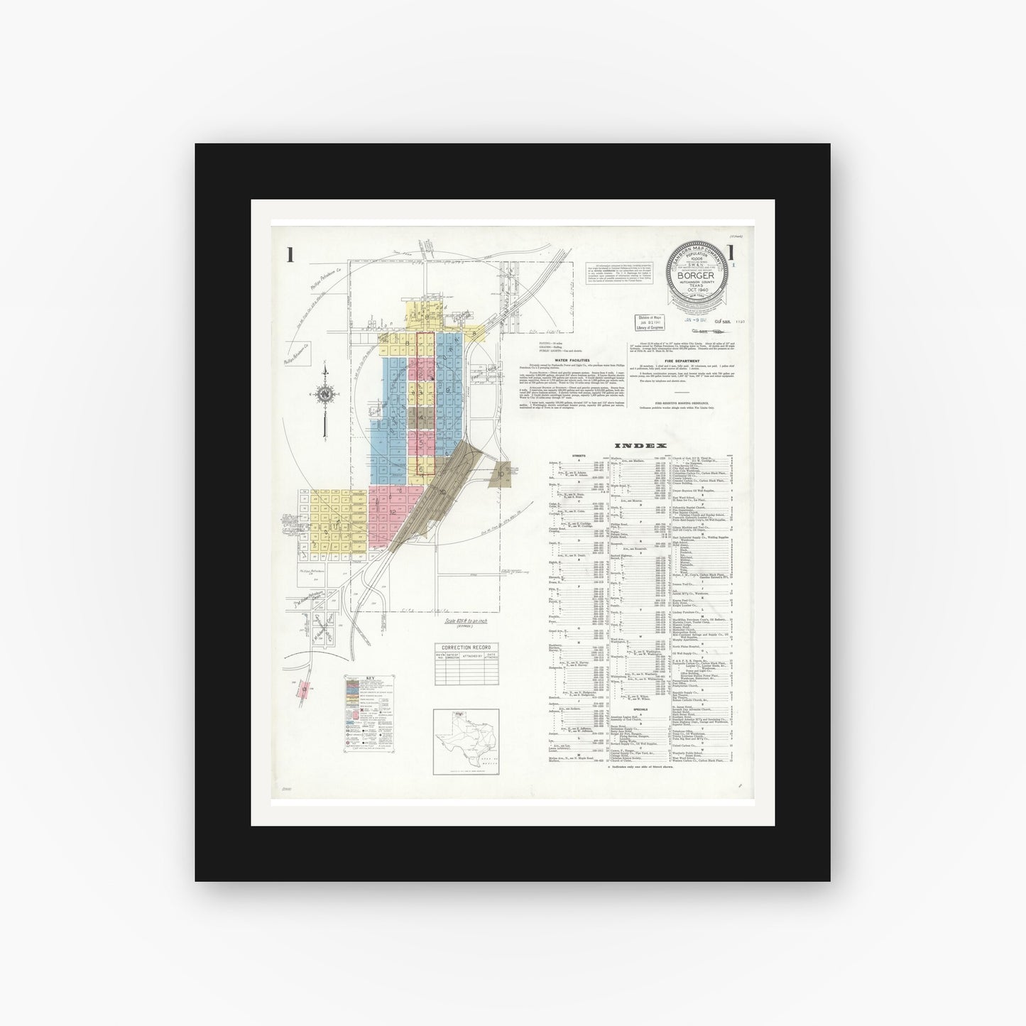 Old map wall art mockup — black gallery frame with white mat — Sanborn Fire Insurance Map from Borger, Hutchinson County, Texas (1940), Sheet #0001