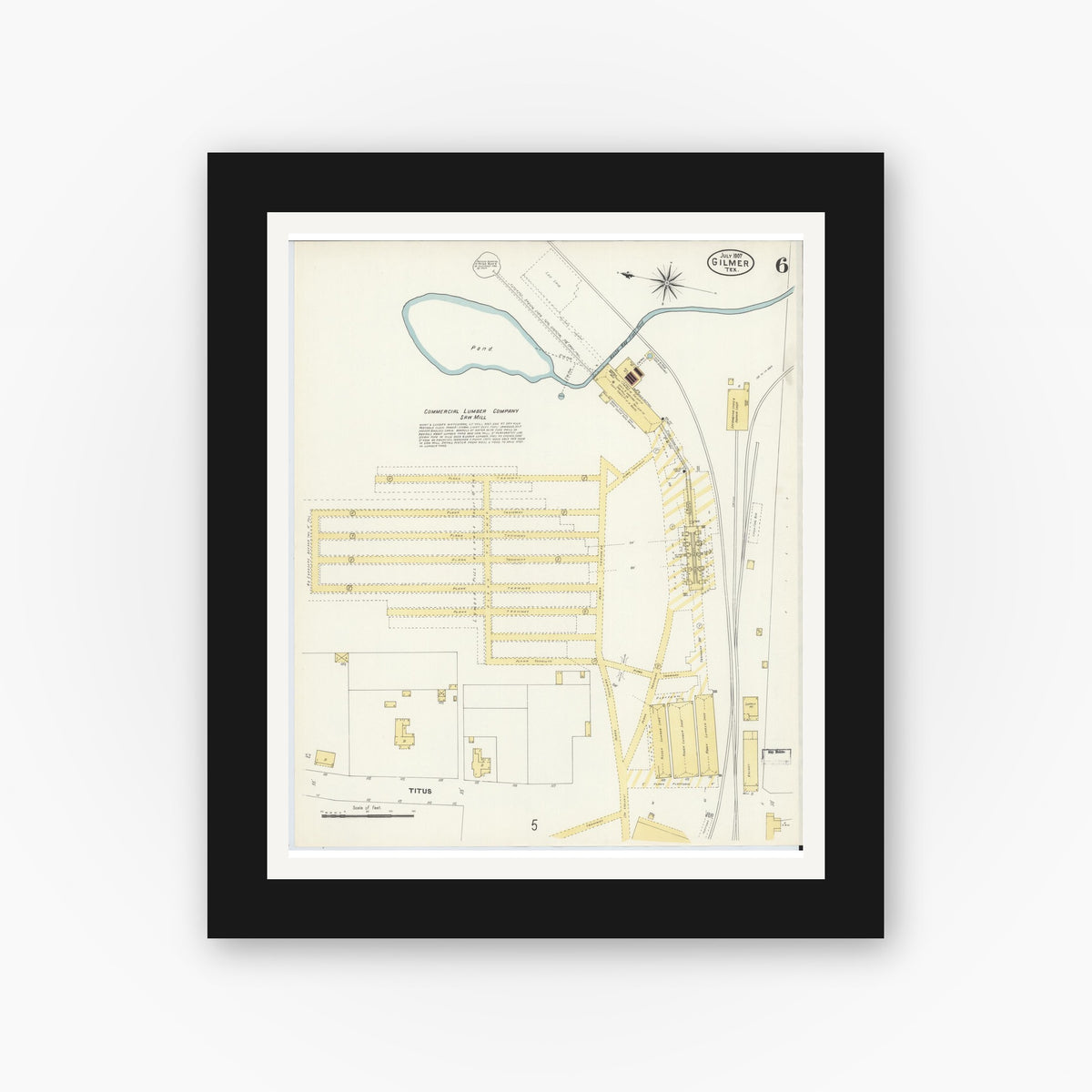 Old map wall art mockup — black gallery frame with white mat — Sanborn Fire Insurance Map from Gilmer, Upshur County, Texas (1907), Sheet #0006