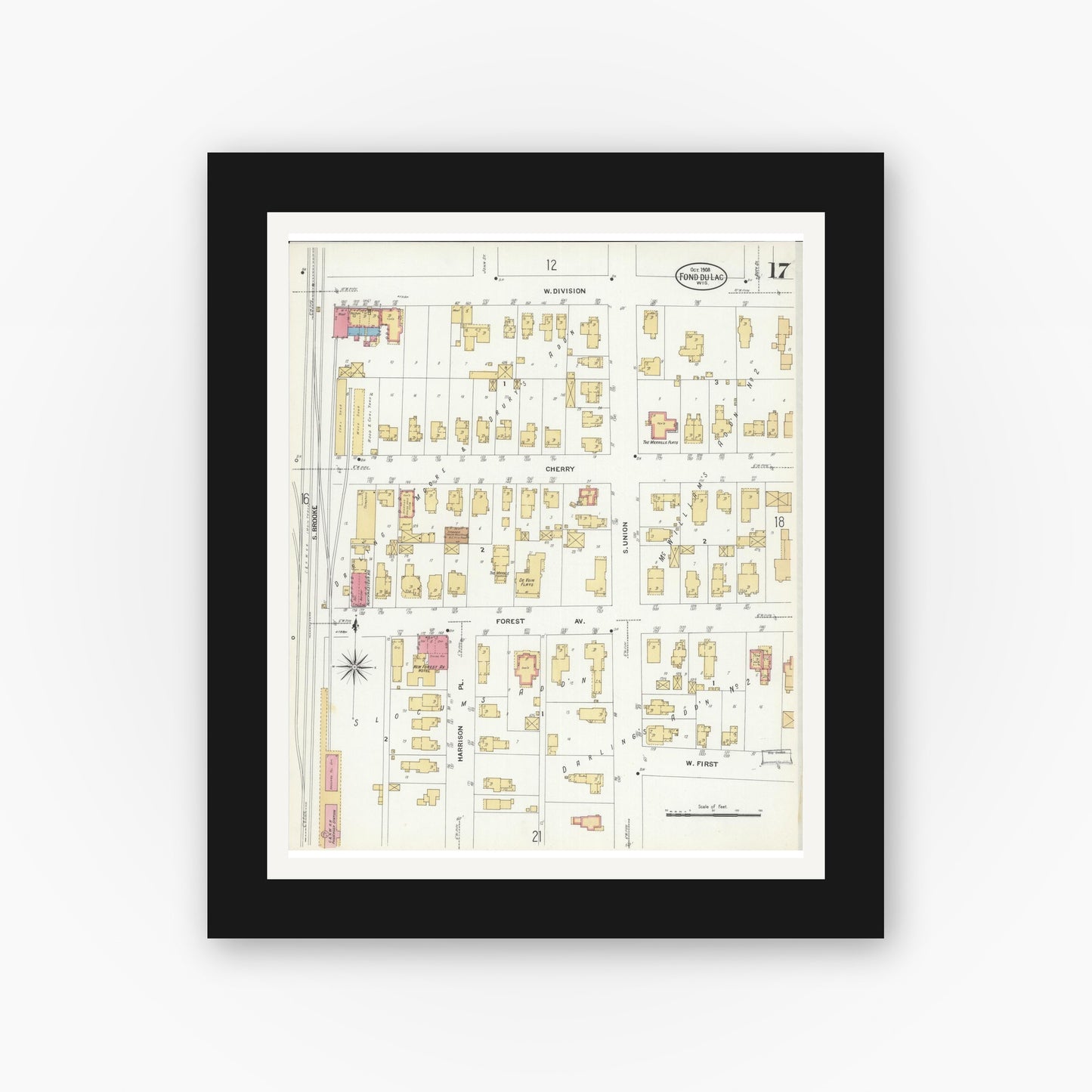 Old map wall art mockup — black gallery frame with white mat — Sanborn Fire Insurance Map from Fond du Lac, Fond du Lac County, Wisconsin (1908), Sheet #0017