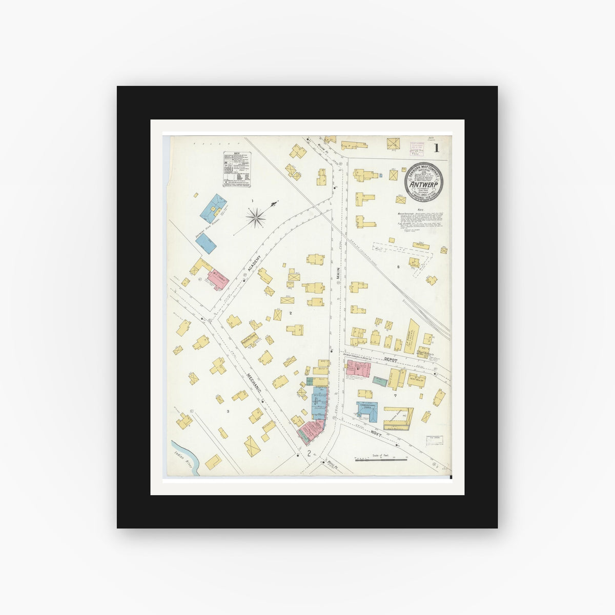 Old map wall art mockup — black gallery frame with white mat — Sanborn Fire Insurance Map from Antwerp, Jefferson County, New York (1905) - Complete Map Set