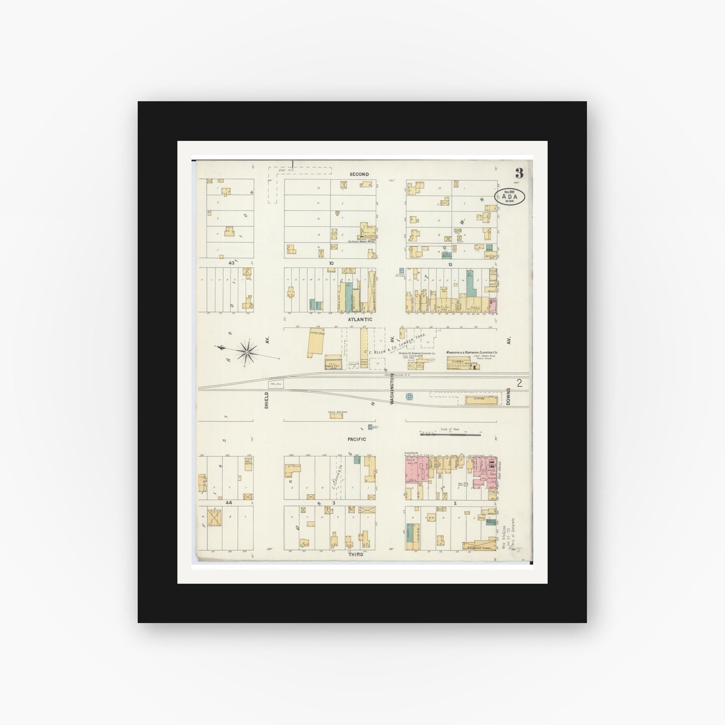 Old map wall art mockup — black gallery frame with white mat — Sanborn Fire Insurance Map from Ada, Norman County, Minnesota (1899), Sheet #0003
