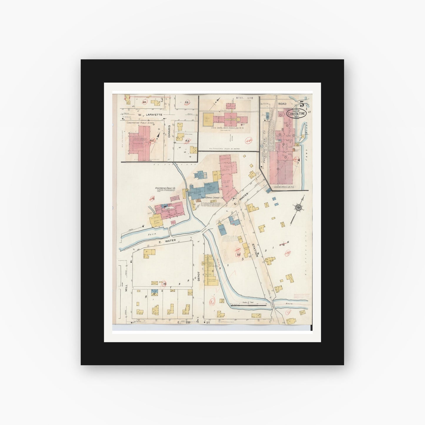 Old map wall art mockup — black gallery frame with white mat — Sanborn Fire Insurance Map from Constantine, Saint Joseph County, Michigan (1932), Sheet #0005