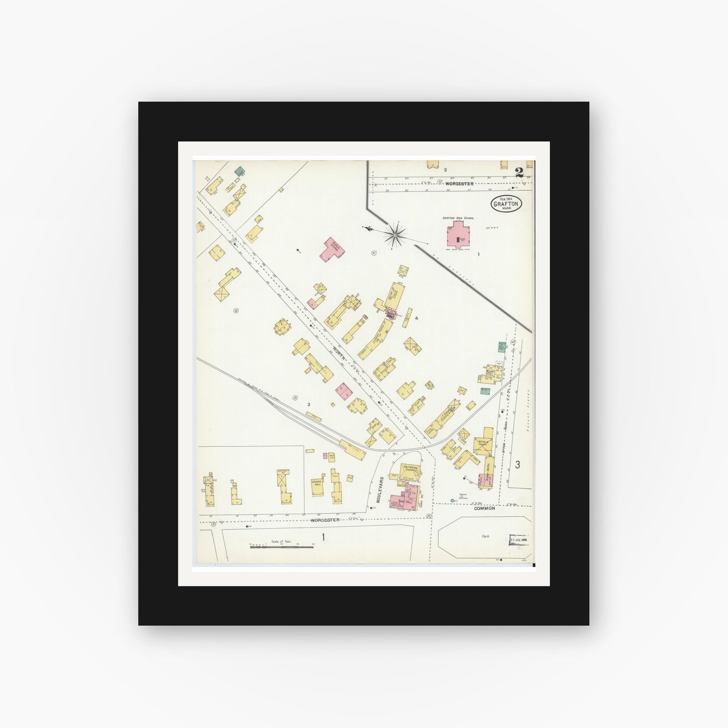 Old map wall art mockup — black gallery frame with white mat — Sanborn Fire Insurance Map from Grafton, Worcester County, Massachusetts (1904), Sheet #0002