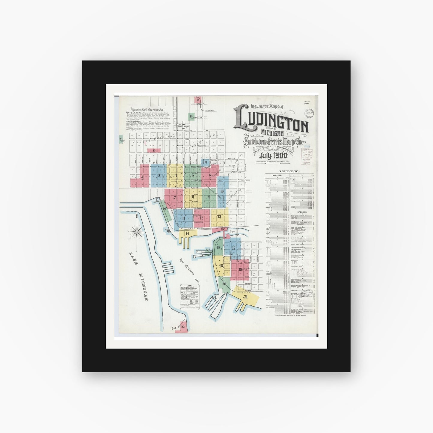 Old map wall art mockup — black gallery frame with white mat — Sanborn Fire Insurance Map from Ludington, Mason County, Michigan (1900), Sheet #0001