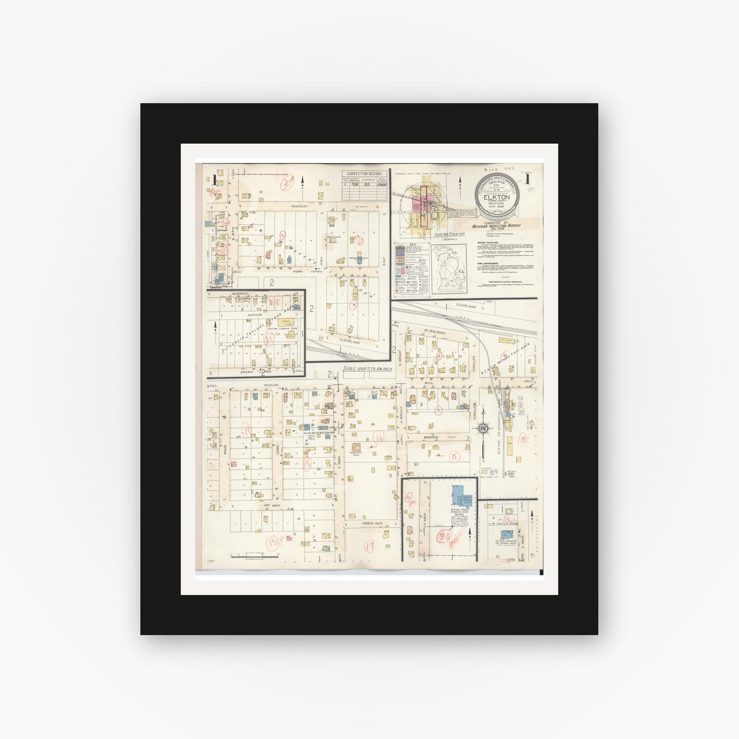 Old map wall art mockup — black gallery frame with white mat — Sanborn Fire Insurance Map from Elkton, Huron County, Michigan (1939), Sheet #0001