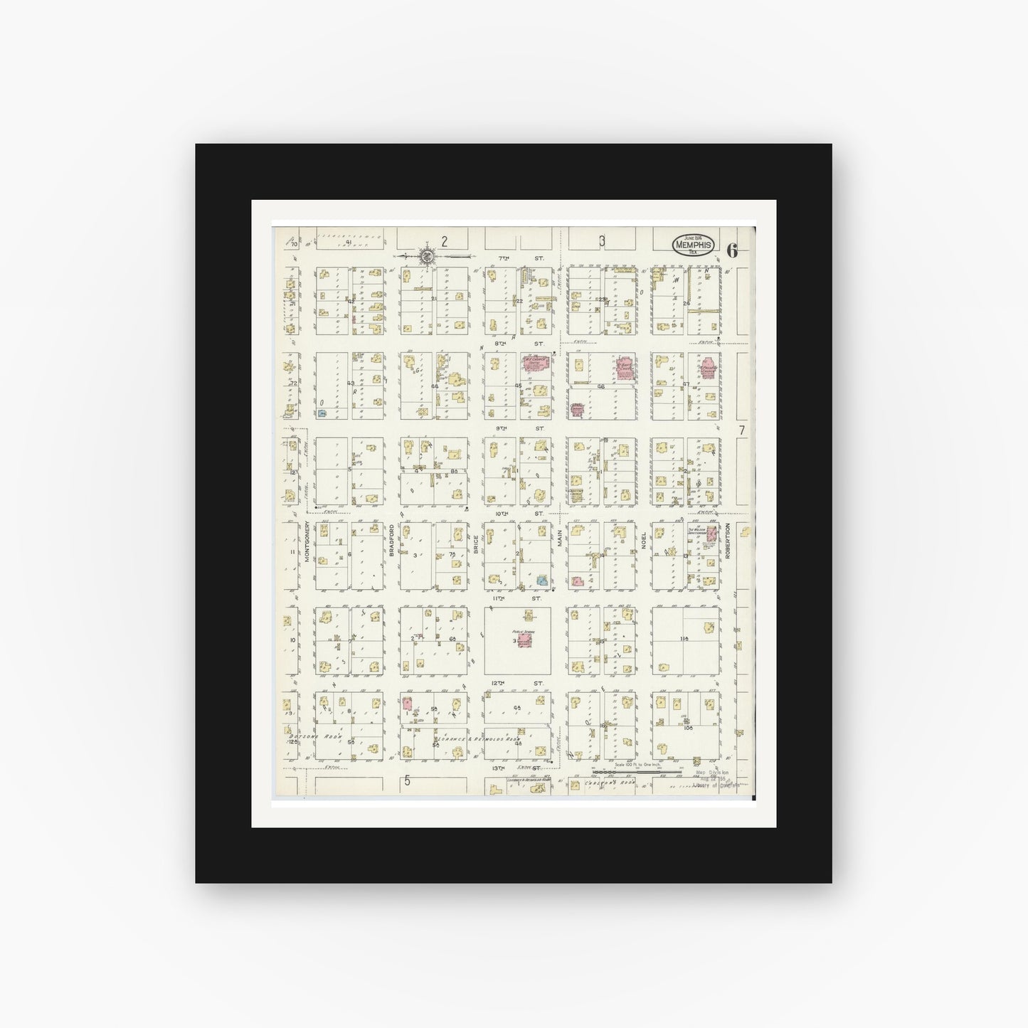 Old map wall art mockup — black gallery frame with white mat — Sanborn Fire Insurance Map from Memphis, Hall County, Texas (1914), Sheet #0006