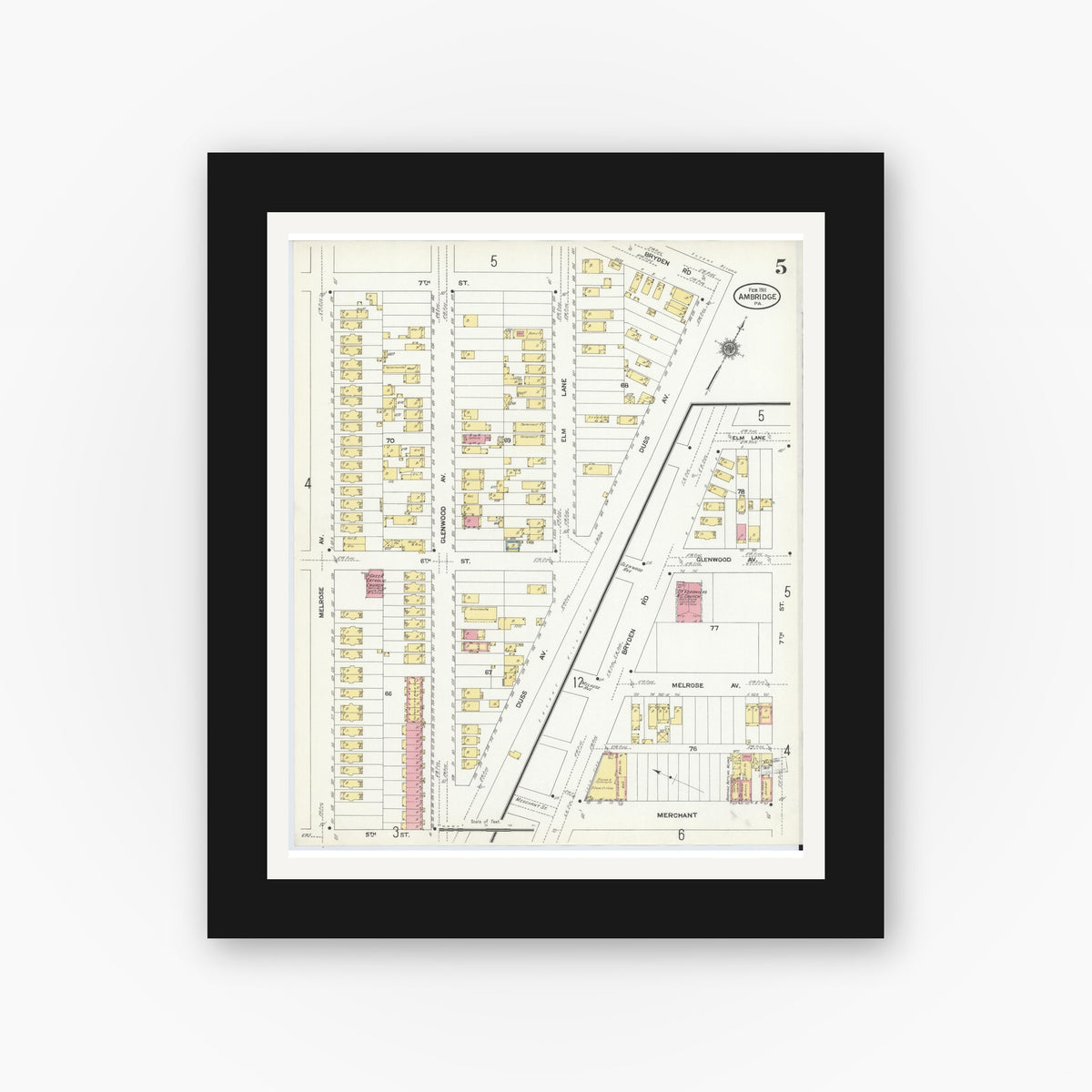 Old map wall art mockup β black gallery frame with white mat β Sanborn Fire Insurance Map from Ambridge, Beaver County, Pennsylvania (1911), Sheet #0005