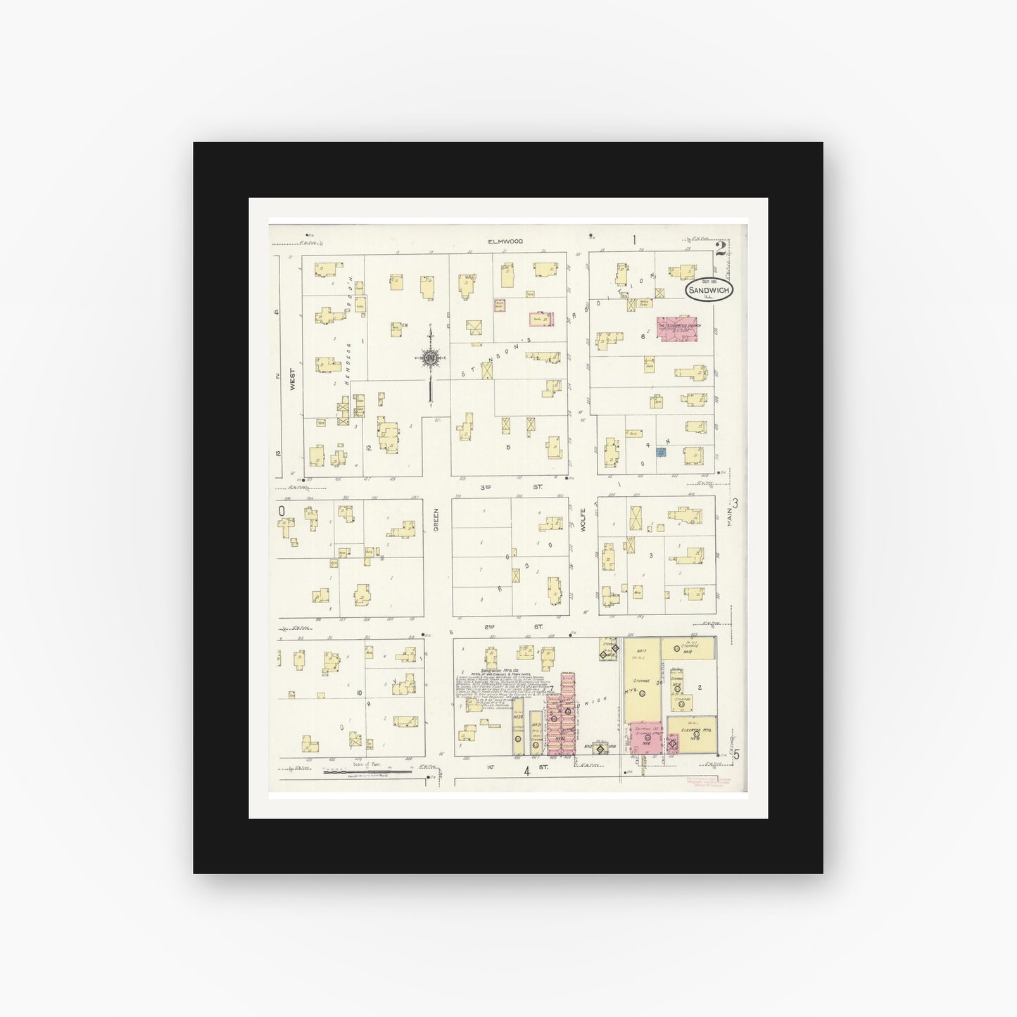 Old map wall art mockup — black gallery frame with white mat — Sanborn Fire Insurance Map from Sandwich, De Kalb County, Illinois (1921), Sheet #0002