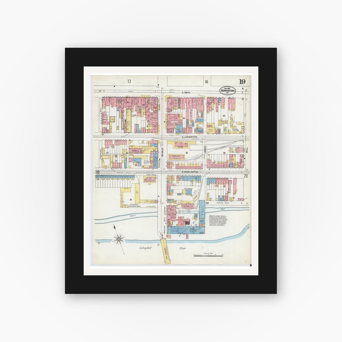 Old map wall art mockup — black gallery frame with white mat — Sanborn Fire Insurance Map from Norristown, Montgomery County, Pennsylvania (1902), Sheet #0019