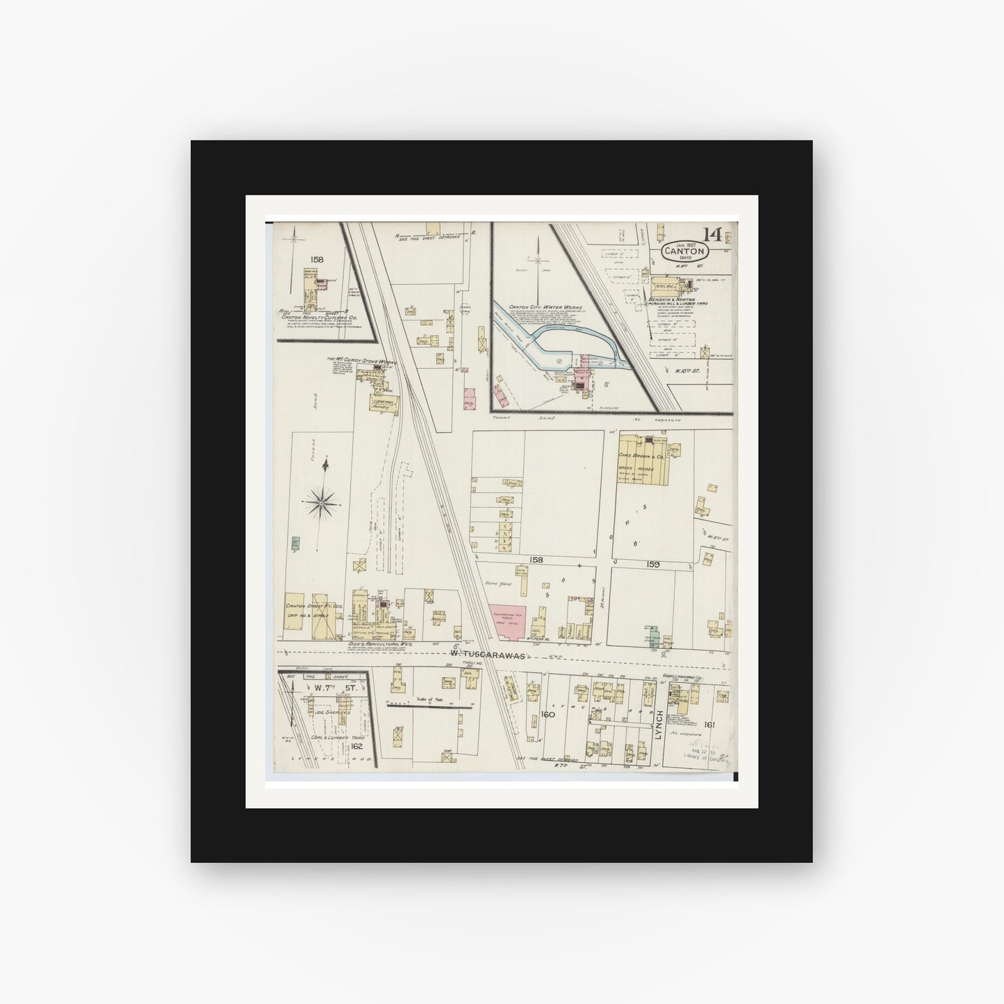 Old map wall art mockup — black gallery frame with white mat — Sanborn Fire Insurance Map from Canton, Stark County, Ohio (1887), Sheet #0014