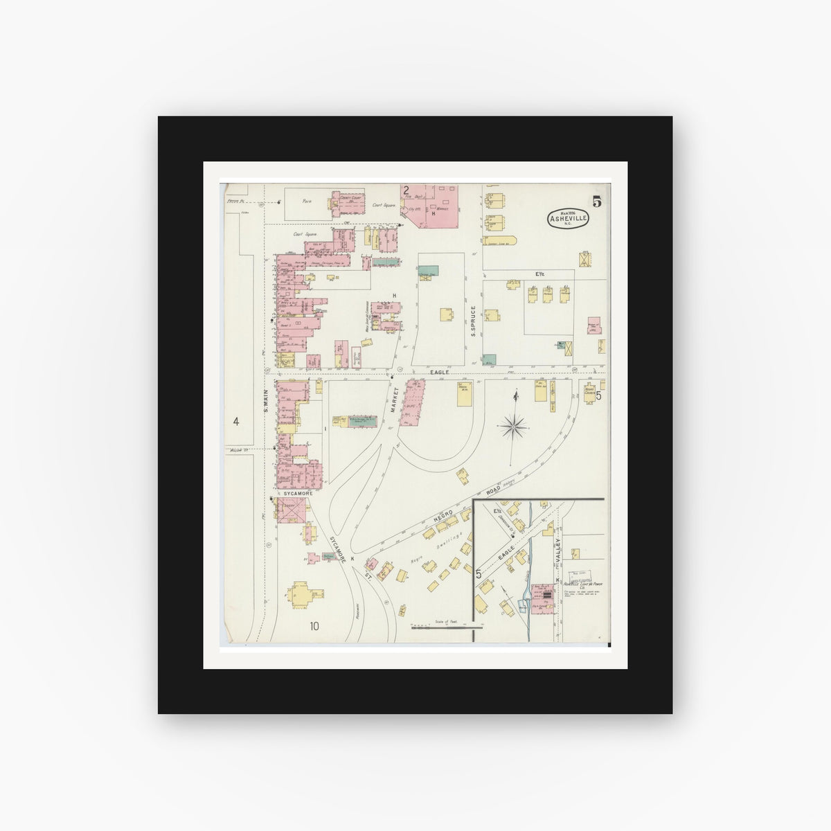 Old map wall art mockup — black gallery frame with white mat — Sanborn Fire Insurance Map from Asheville, Buncombe County, North Carolina (1896), Sheet #0005